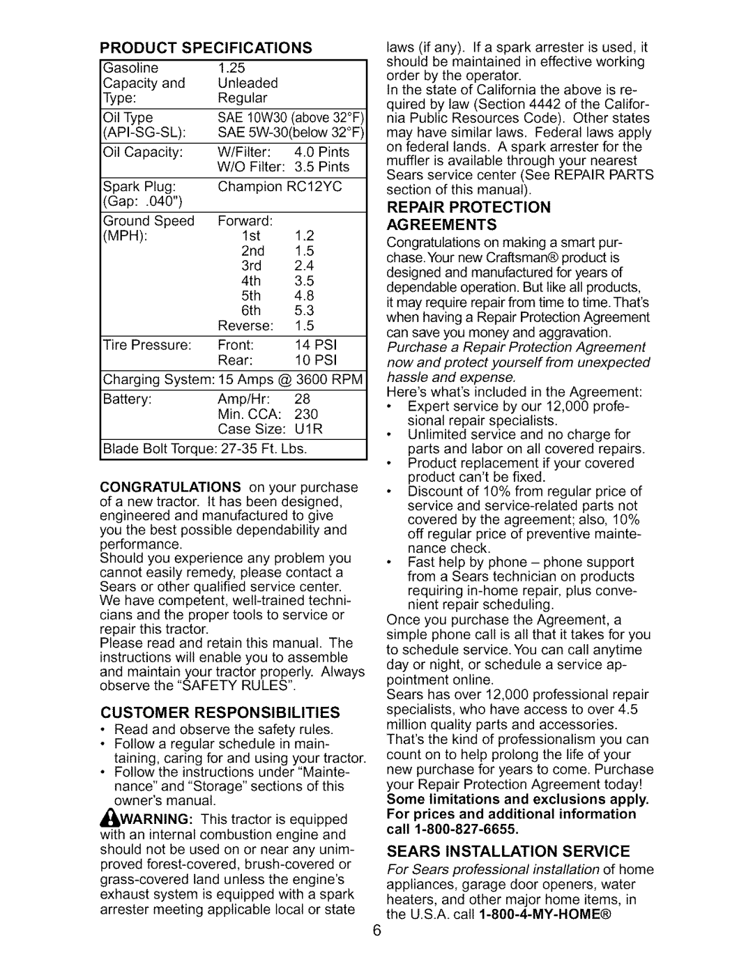 Craftsman 917.27317 owner manual Sears Installation Service, Customer Responsibilities 