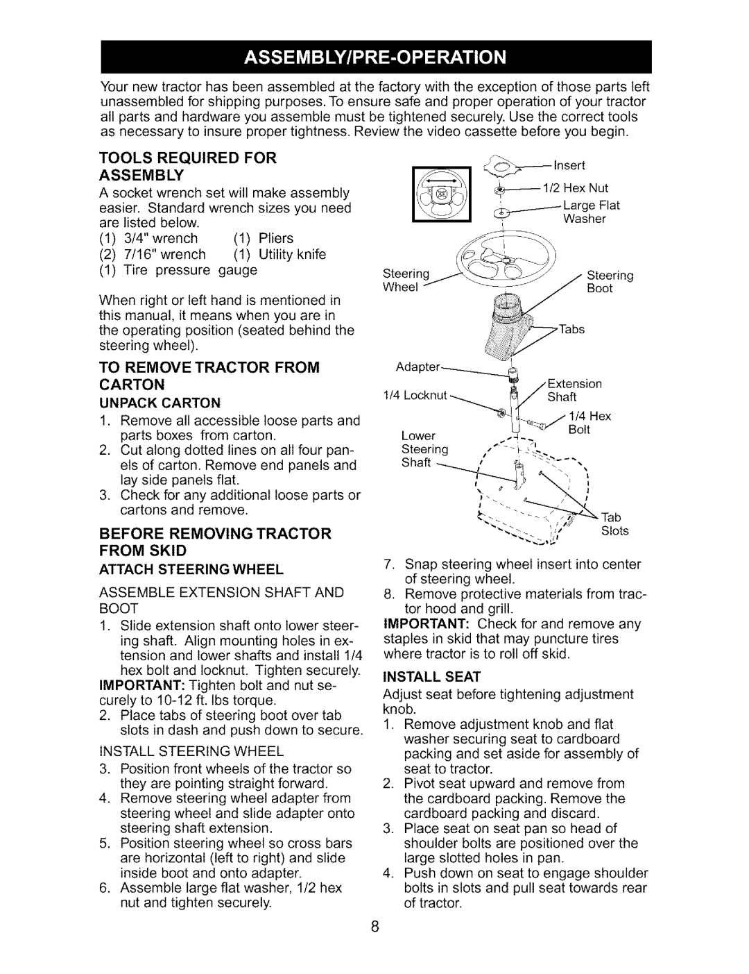 Craftsman 917.27317 Tools Required for Assembly, To Remove Tractor from Carton, Assemble Extension Shaft and Boot 