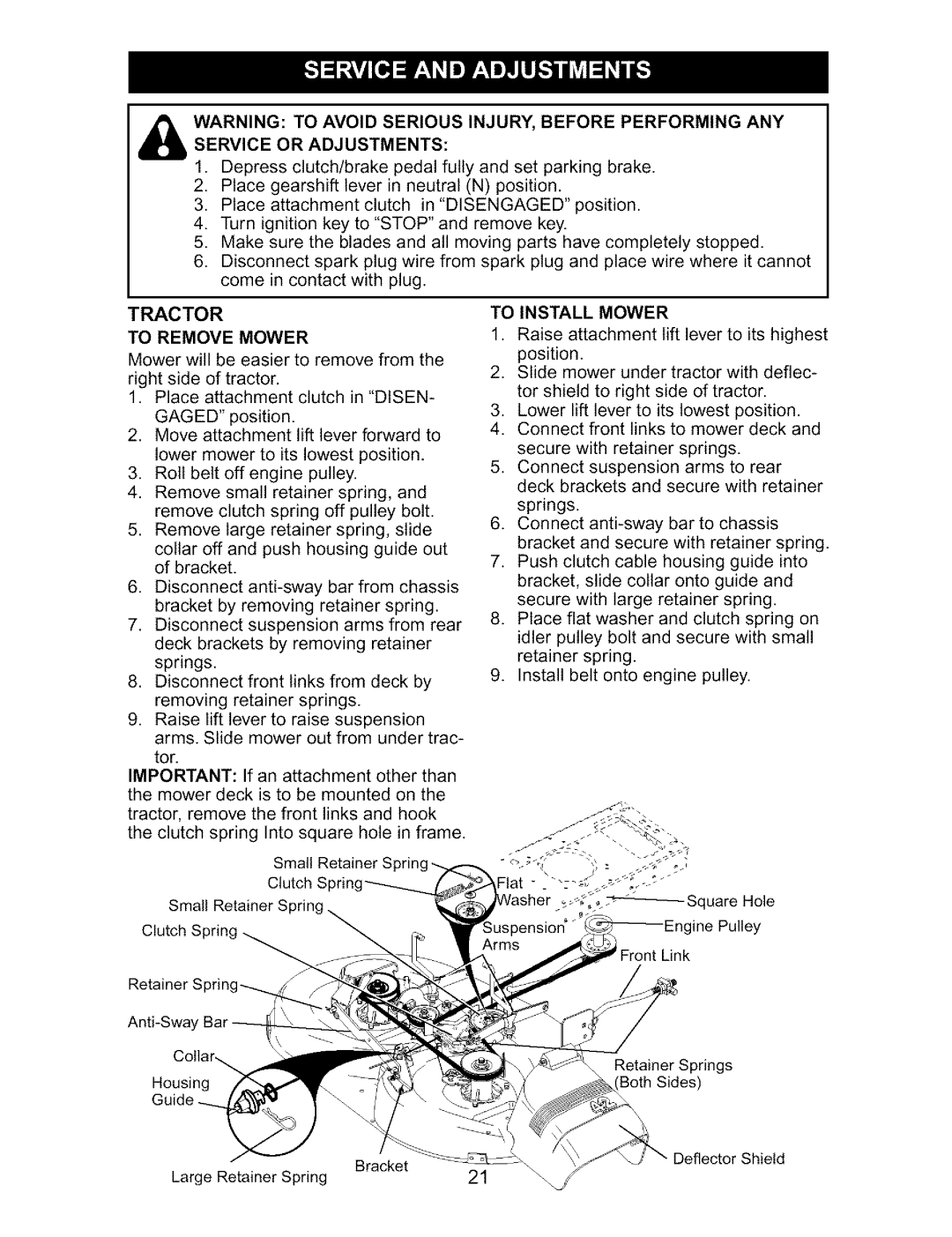 Craftsman 917.27317 owner manual Tractor, To Remove Mower, To Install Mower 