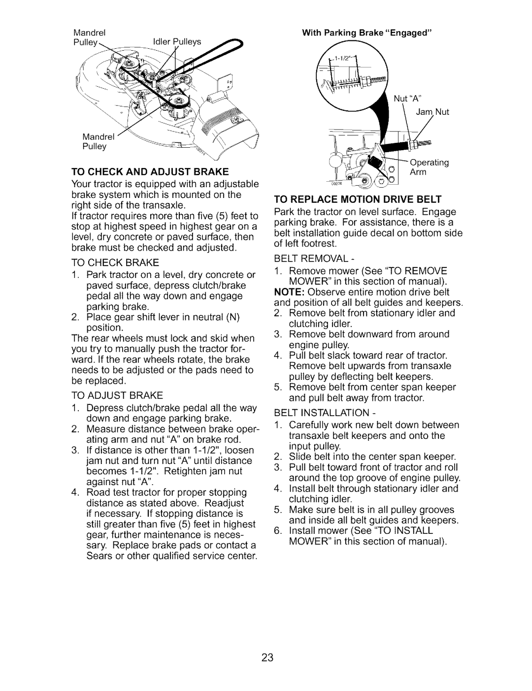 Craftsman 917.27317 owner manual To Check And Adjust Brake, With Parking Brake Engaged, To Replace Motion Drive Belt 