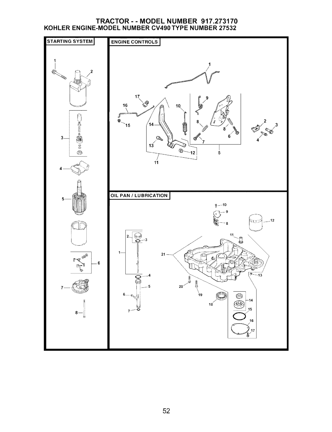 Craftsman 917.27317 owner manual Starting Systemj, Engine Controls, t14_, 4 11 OIL PAN / LUBRICATION J 