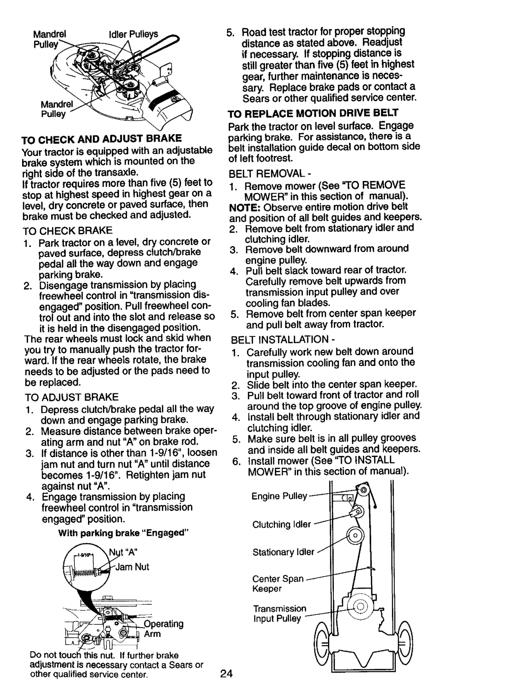 Craftsman 917.273180 manual To Check and Adjust Brake, To Check Brake, To Adjust Brake, To Replace Motion Drive Belt 