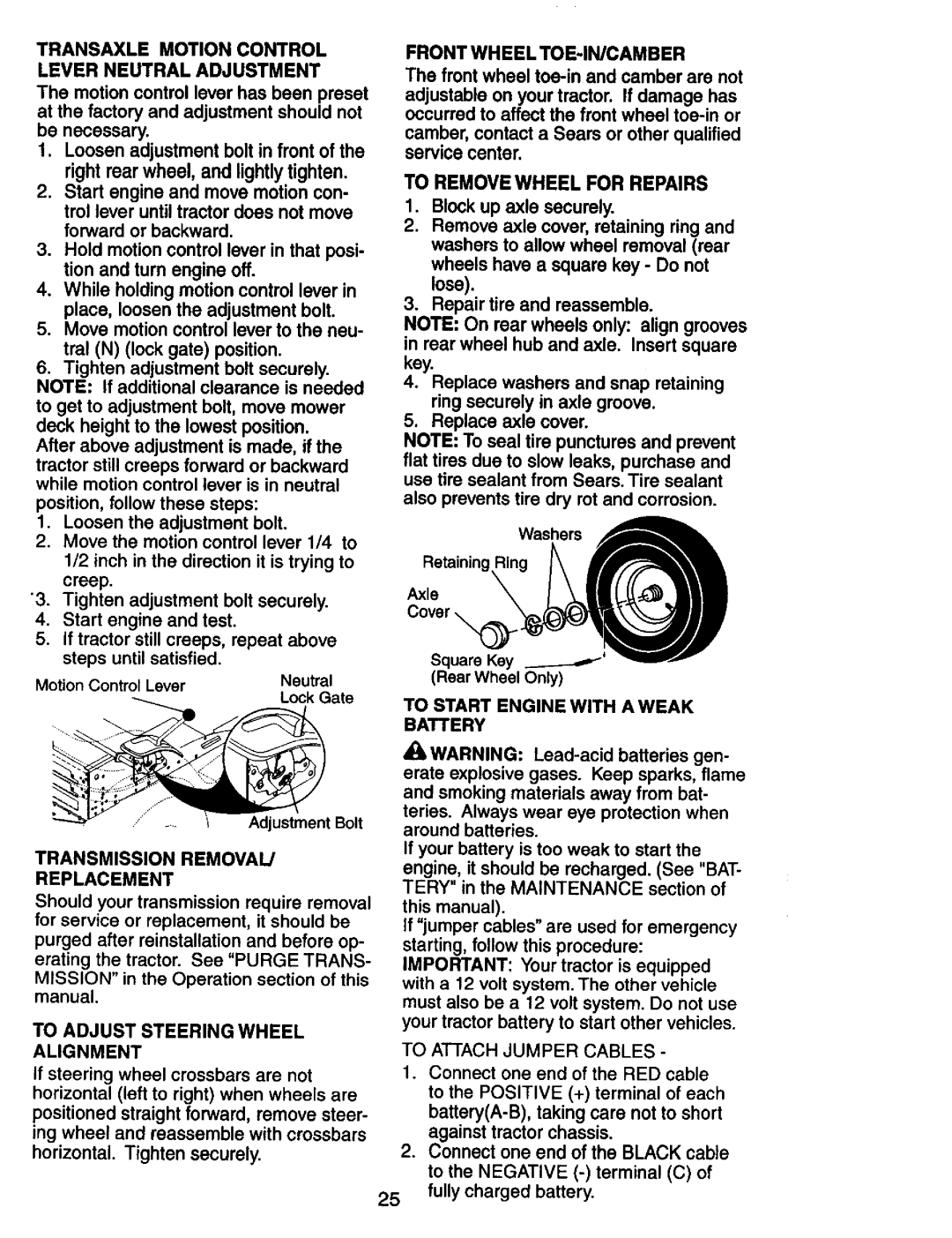 Craftsman 917.273180 manual Front Wheel TOE-IN/CAMBER, To Remove Wheel for Repairs 