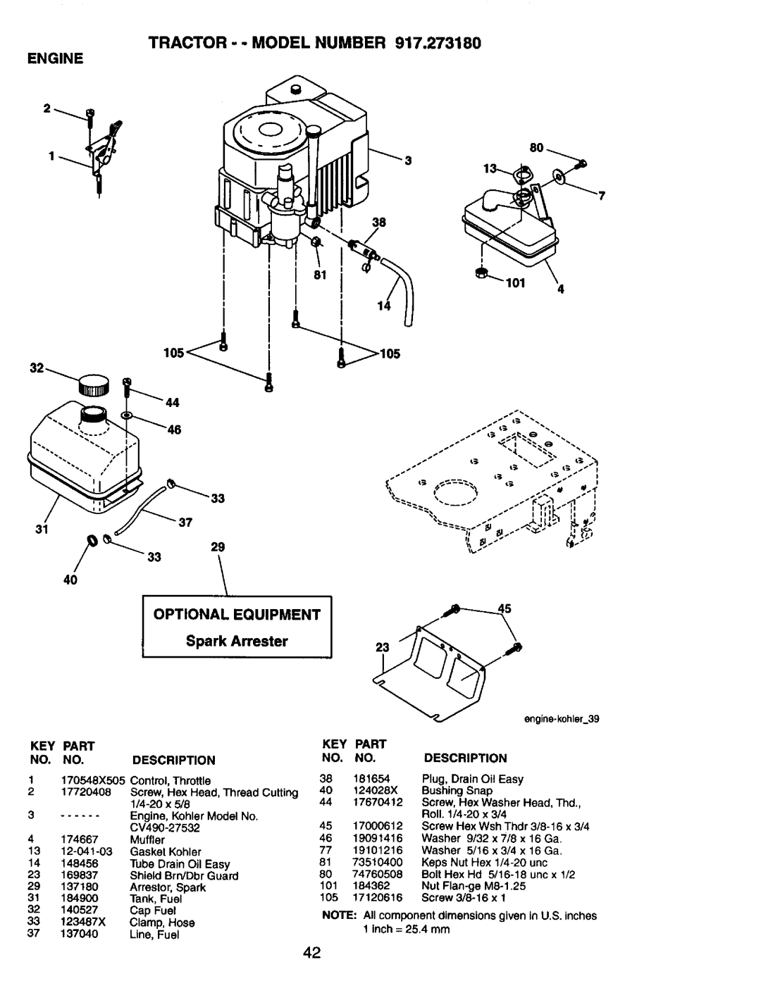 Craftsman 917.273180 manual Tractor - Model Number Engine, Optional Equipment 