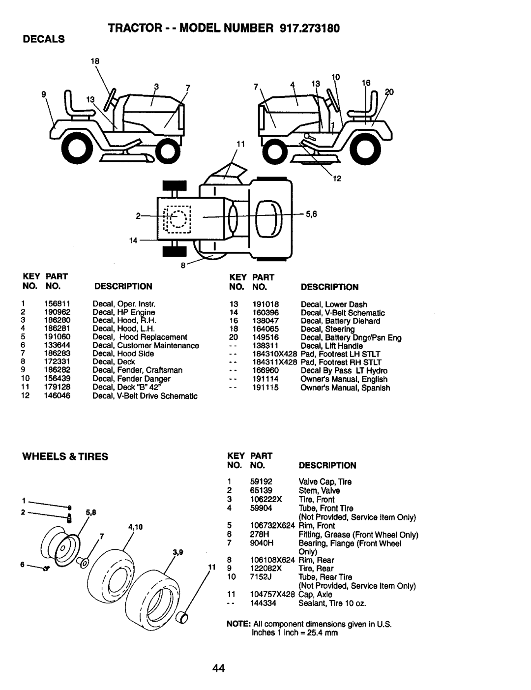 Craftsman 917.273180 manual Tractor - Model Number, Decals, Wheels & Tires 