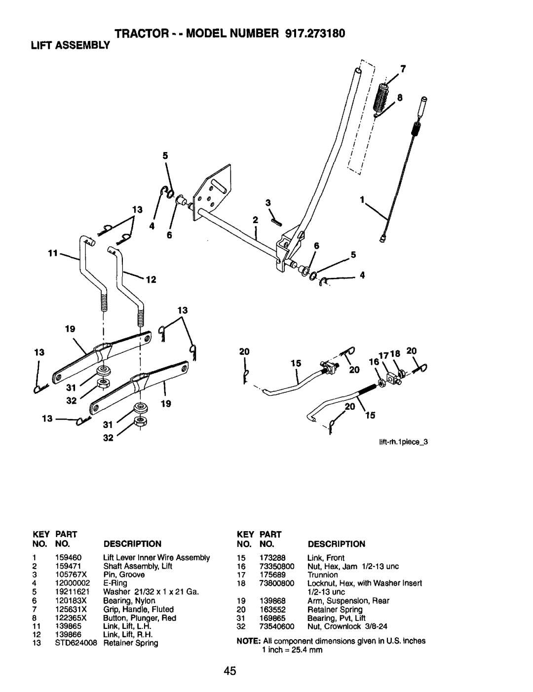 Craftsman 917.273180 manual 13, Tractor - Model Number Lift Assembly 