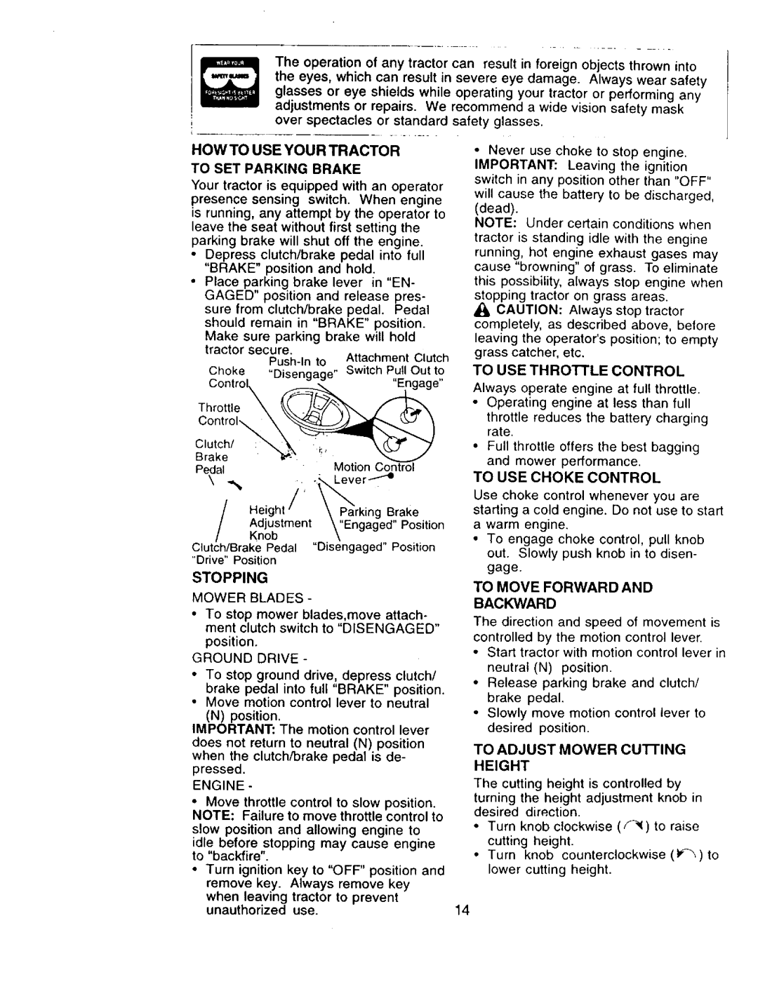 Craftsman 917.273322 owner manual HOW to USE Your Tractor, To SET Parking Brake, To Adjust Mower Cutting 