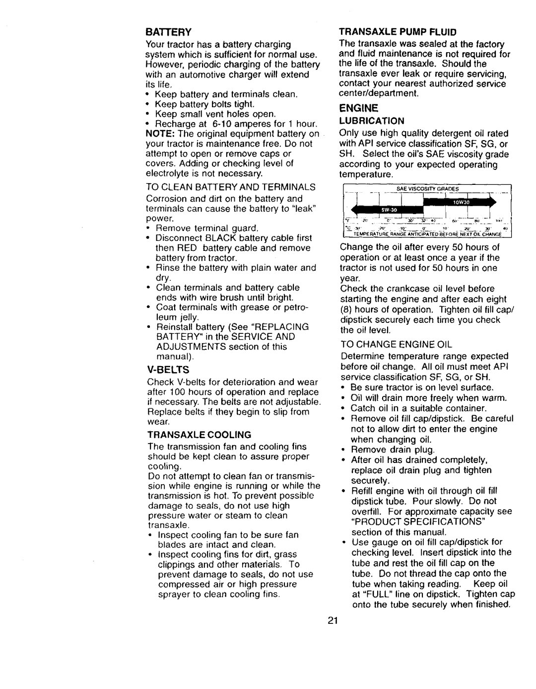 Craftsman 917.273322 owner manual Engine, Battery, Transaxle Pump Fluid, Lubrication 