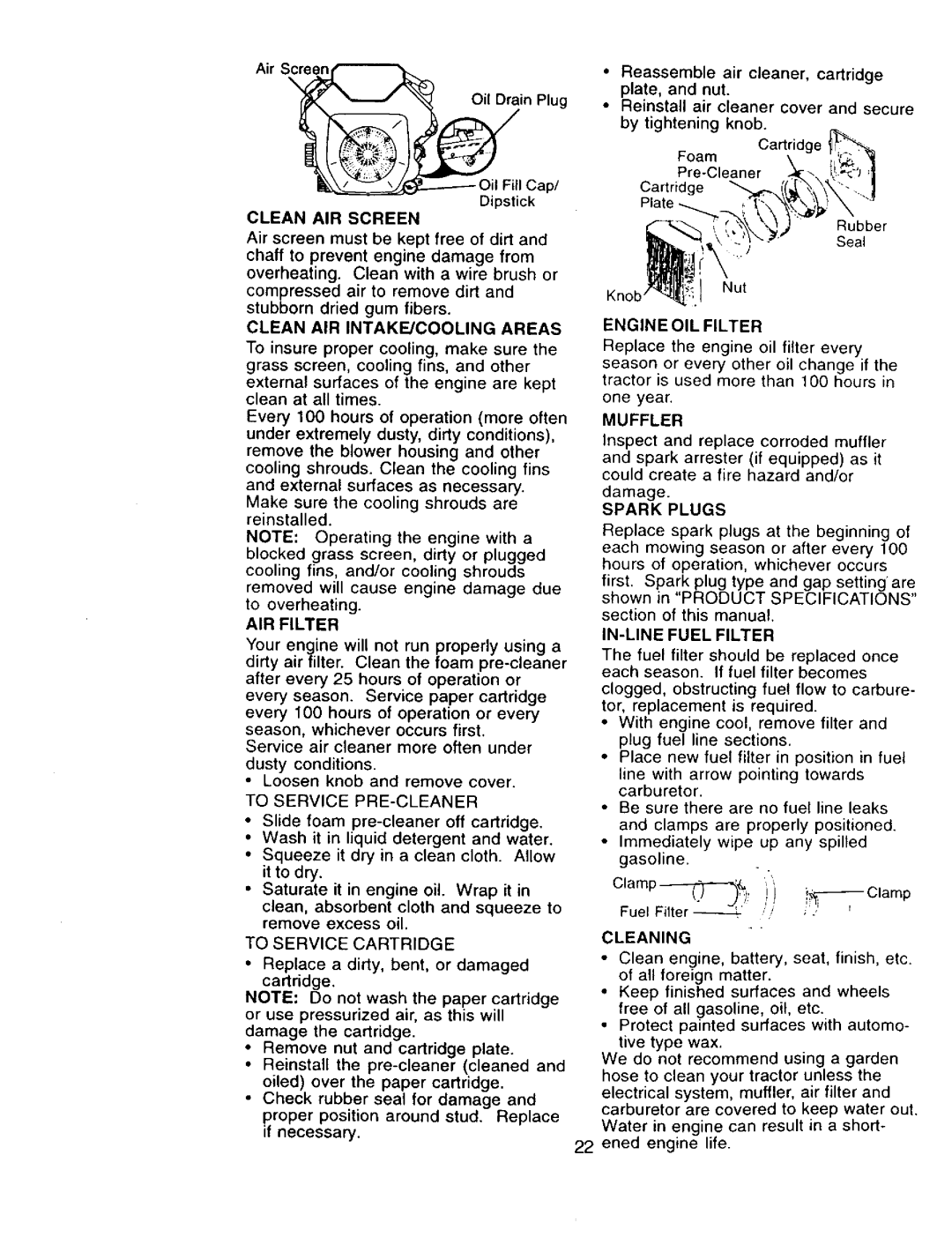 Craftsman 917.273322 Clean AIR INTAKE/COOLING Areas, AIR Filter, To Service PRE-CLEANER, Engine OIL Filter, Muffler 