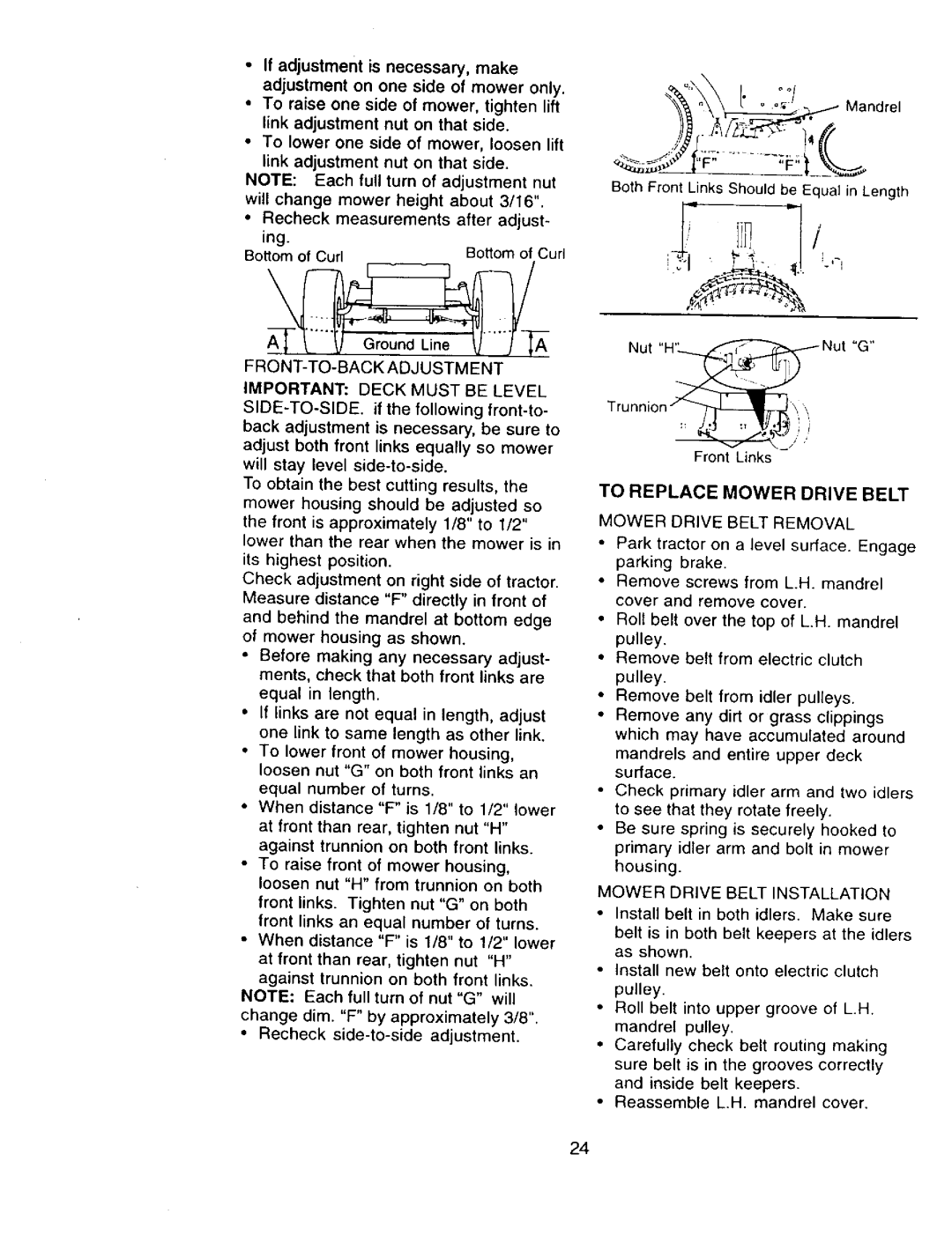 Craftsman 917.273322 owner manual To Replace Mower Drive Belt, FRONT-TO-BACK Adjustment Important Deck Must be Level 