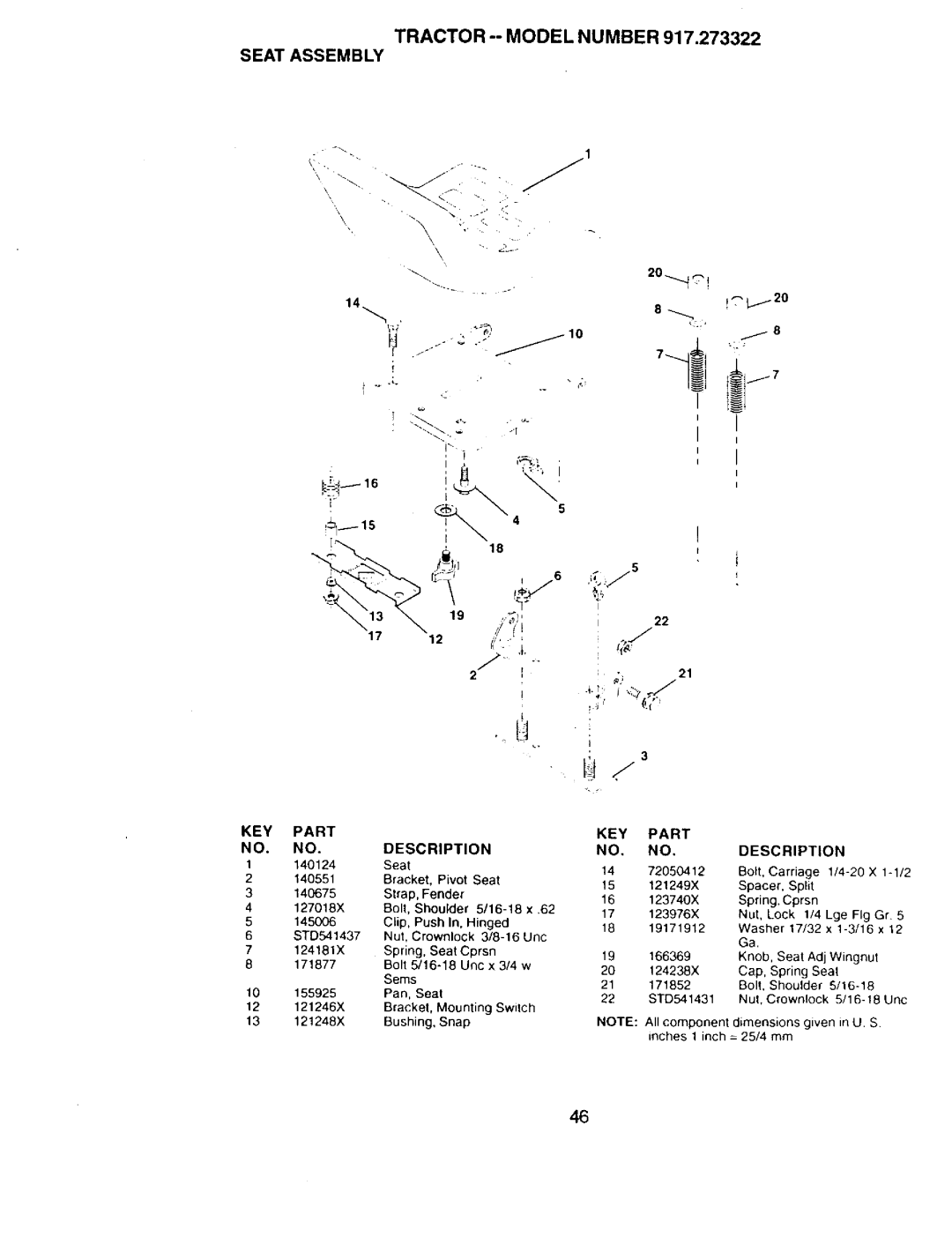 Craftsman 917.273322 owner manual Tractor --MODEL Number Seat Assembly 