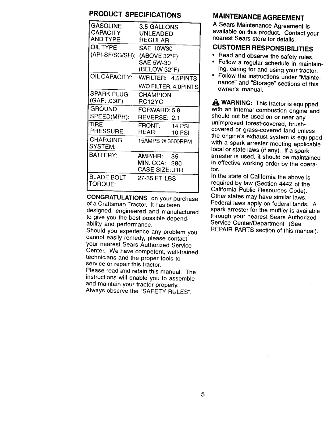 Craftsman 917.273322 owner manual Product Specifications, Maintenance Agreement, Bafiery, Customer Responsibilities 