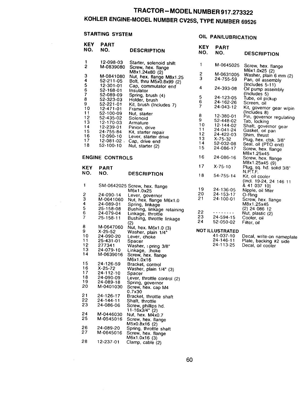 Craftsman 917.273322 Starting System KEY Part NO. NO.DESCRIPTION, OIL PAN/LUBRICATION KEY Part NO. NO.DESCRIPTION 