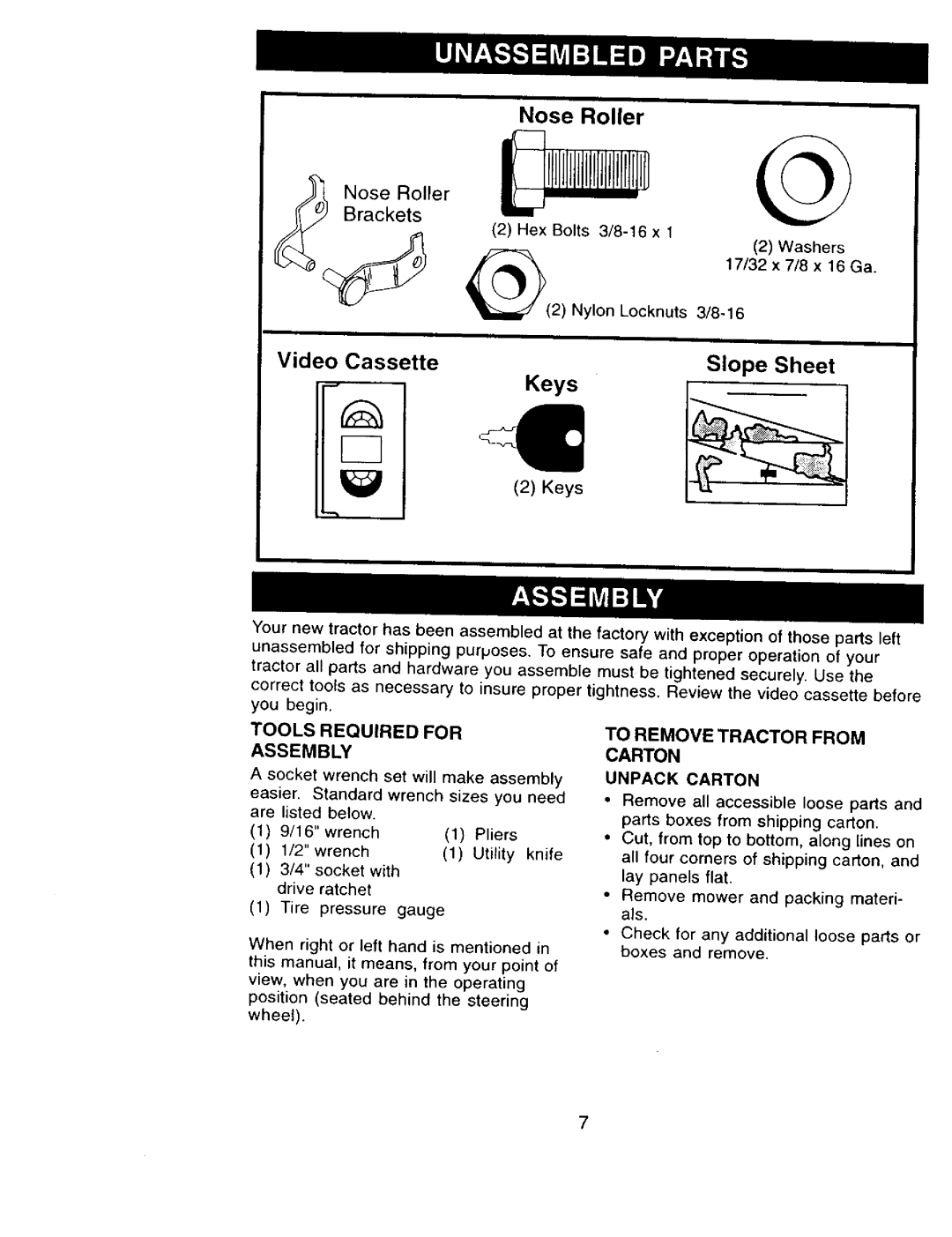 Craftsman 917.273322 owner manual Tools Required for Assembly, To Remove Tractor from, Unpack Carton 