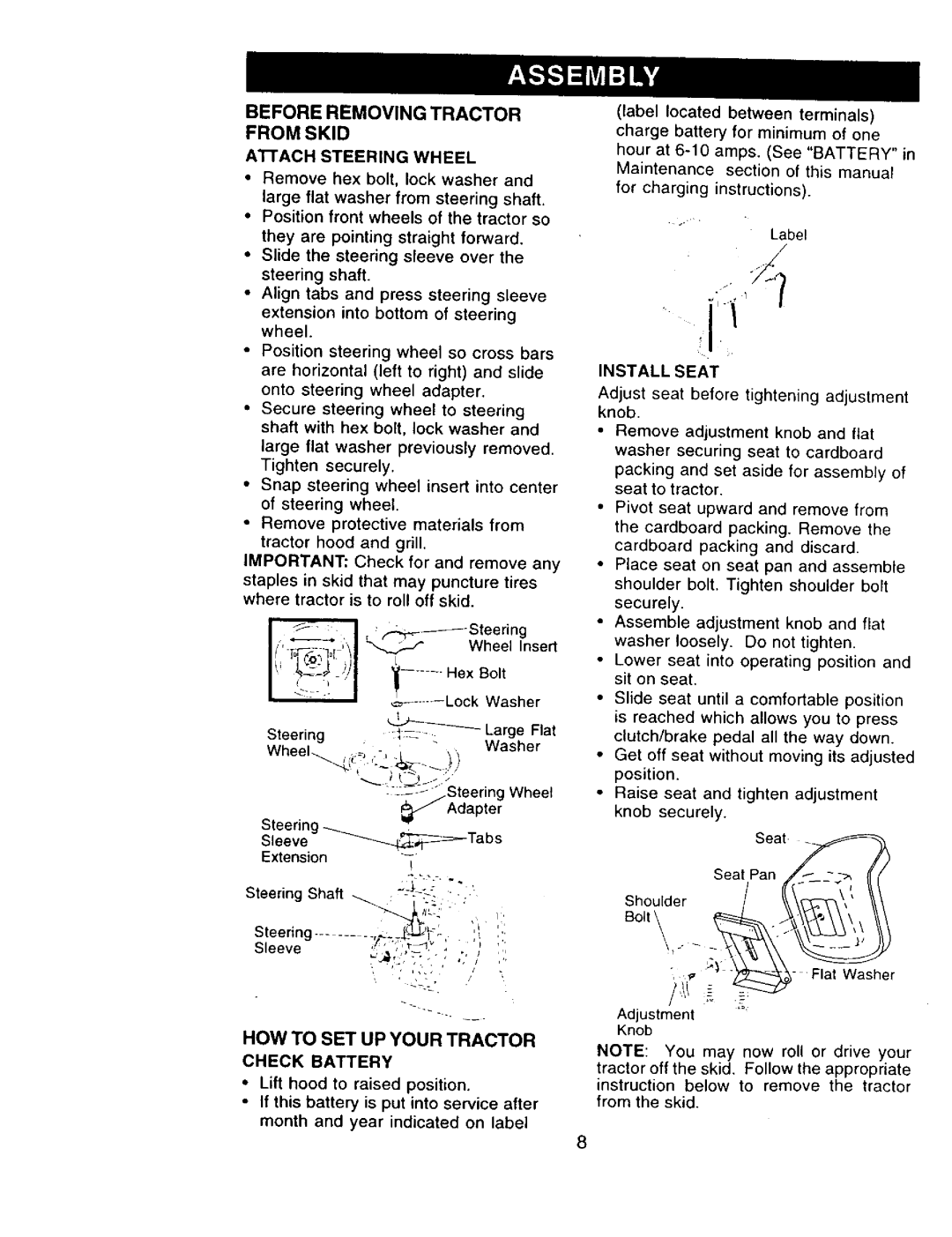 Craftsman 917.273322 Before Removing Tractor from Skid, HOW to SET UP Your Tractor, AI-IACH Steering Wheel, Installseat 