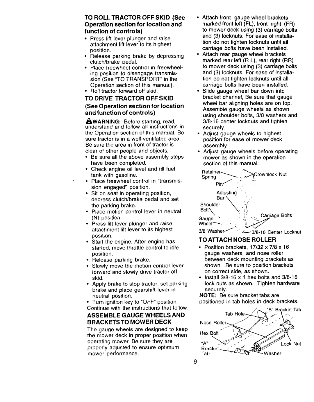 Craftsman 917.273322 owner manual To Drive Tractor OFF Skid, To Attach Nose Roller, Brackets to Mower Deck, Hex Bolt 