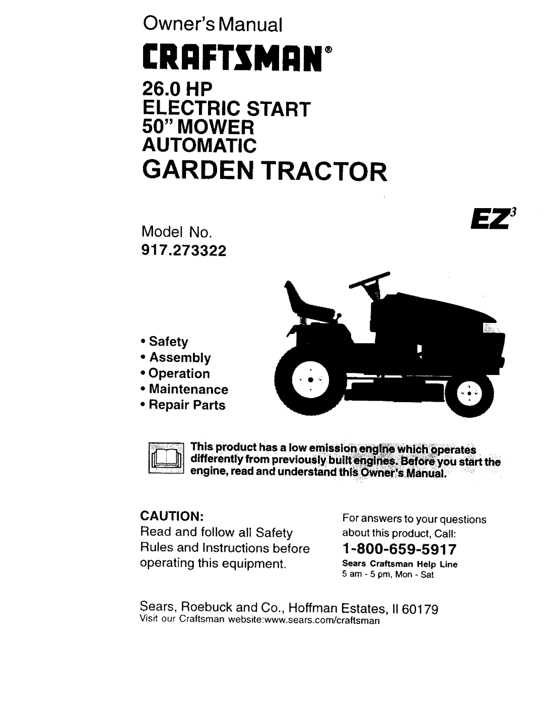 Craftsman 917.273322 owner manual £Raftzmiin+, Owners Manual, ELECTRIC START 50 MOWER, 260HP, Automatic, 1-800-659-5917 