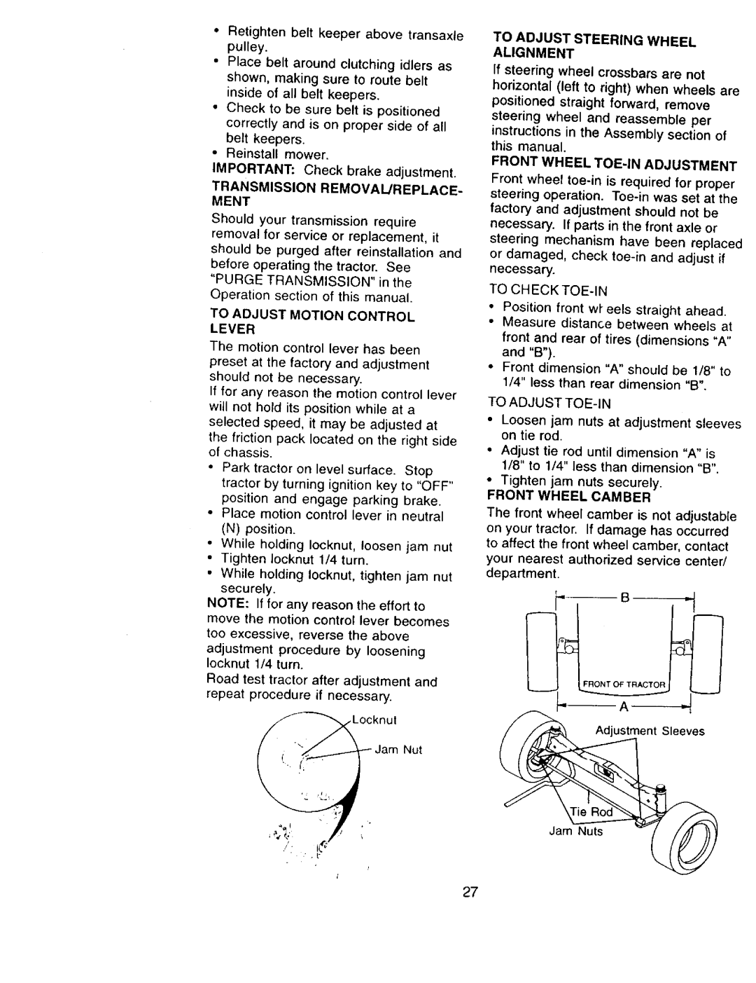 Craftsman 917.273322 Transmission Removal/Replace- Ment, To Adjust Motion Control Lever, Front Wheel Toe-Inadjustment 