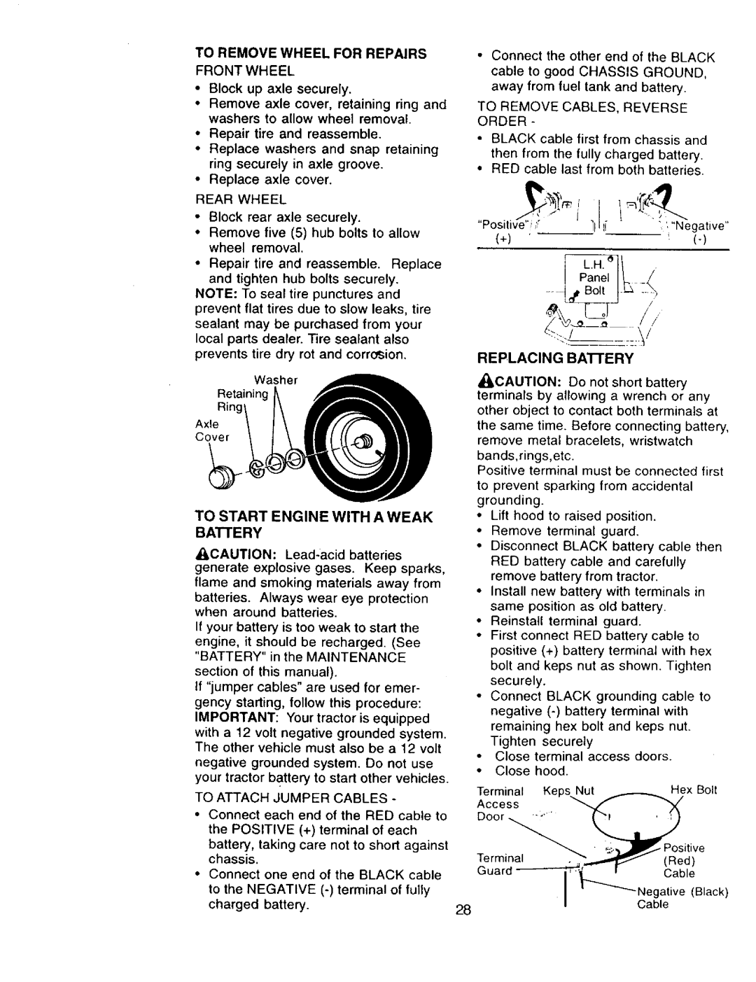 Craftsman 917.273322 owner manual IB,ack, To Start Engine With A Weak Battery, Replacing Battery 
