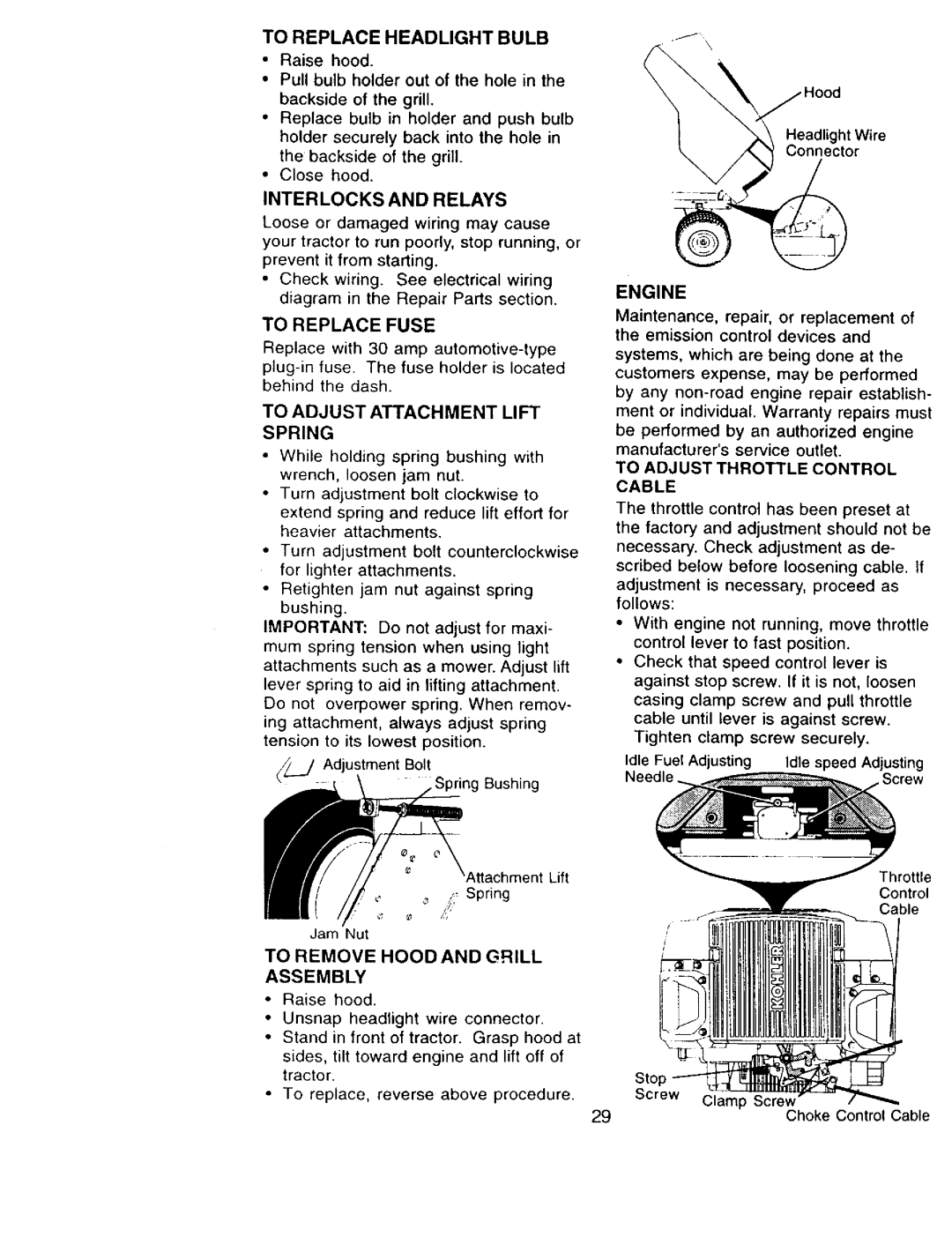 Craftsman 917.273322 To Replaceheadlightbulb, Interlocksandrelays, To Replacefuse, To Adjust Attachment Lift Spring 