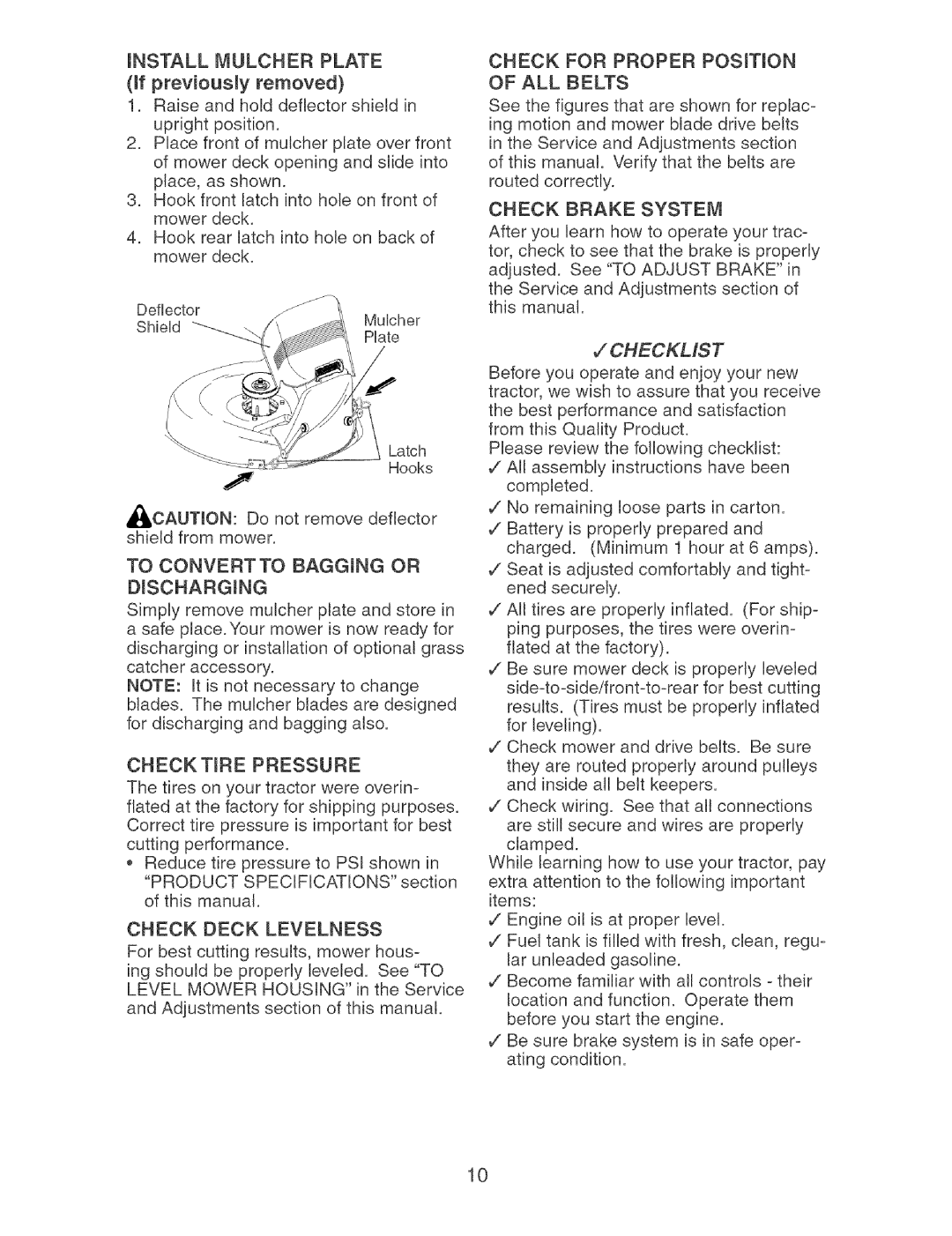 Craftsman 917.273373 owner manual Check Deck Levelness, ALL Belts, Check Brake SYS.TEM 