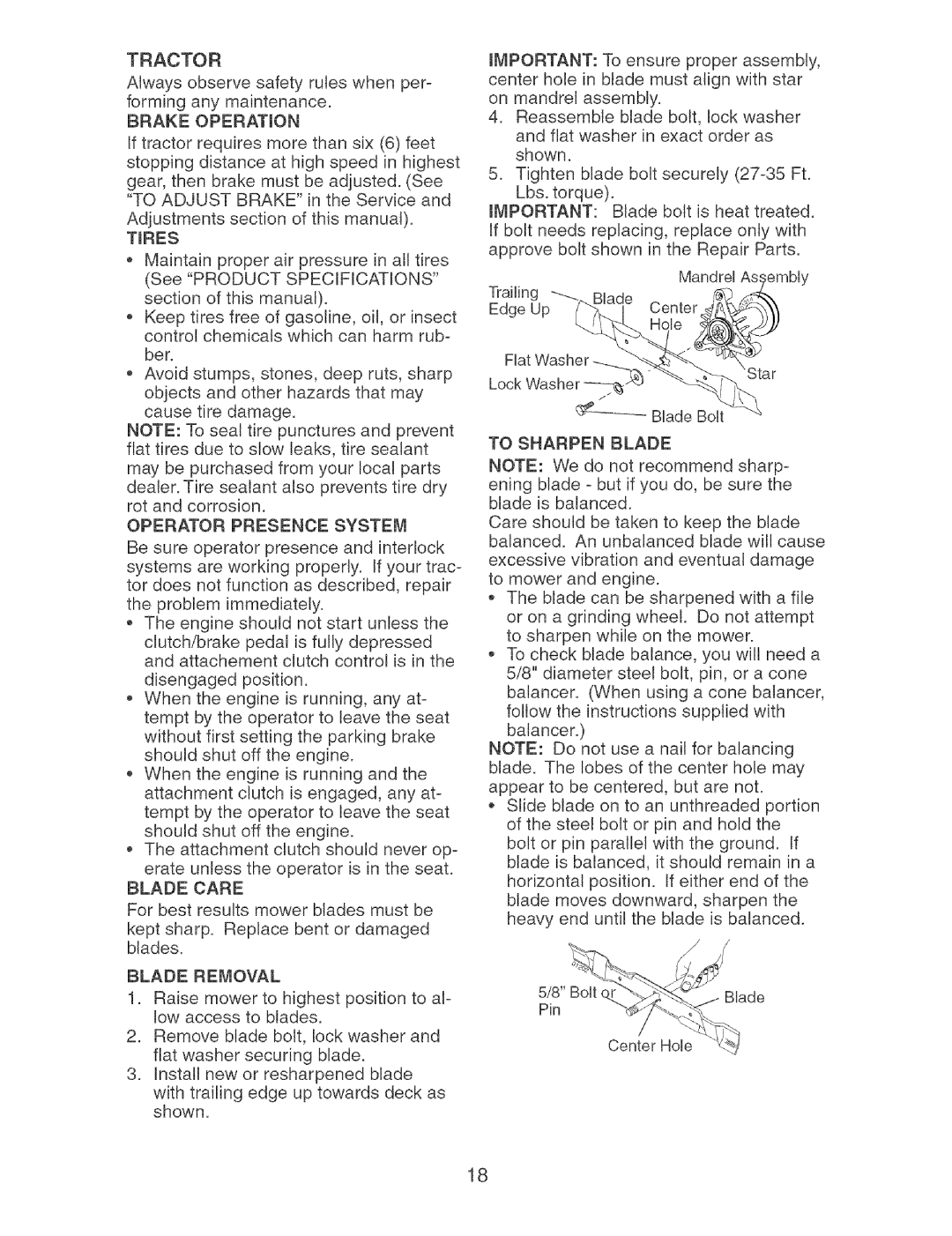 Craftsman 917.273373 owner manual Operatorpresencesystem, Blade Care, Blade Removal, To Sharpen Blade 