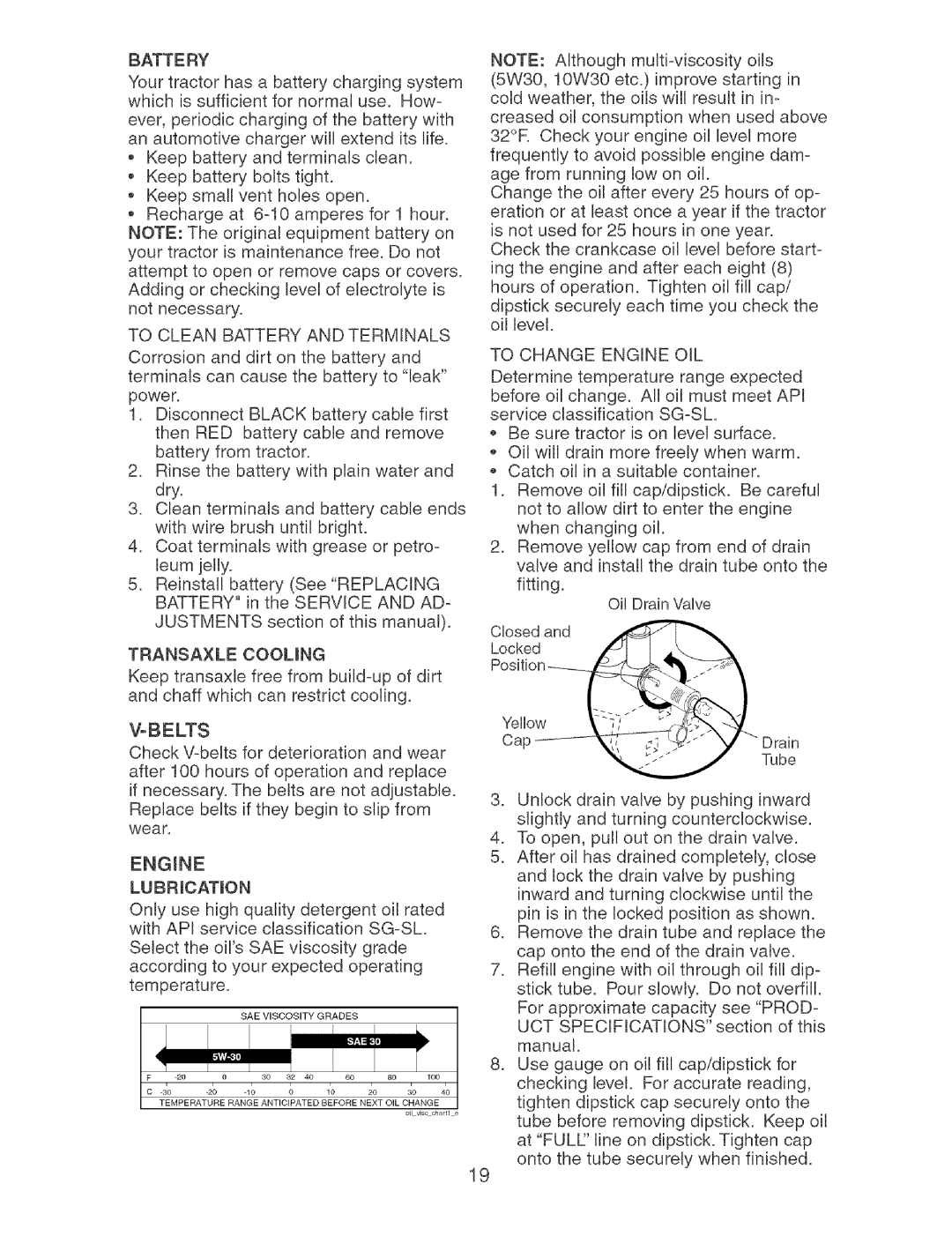 Craftsman 917.273373 owner manual Transaxle Cooung, Batt E RY, To Clean Battery and Terminals, To Change Engine OIL 