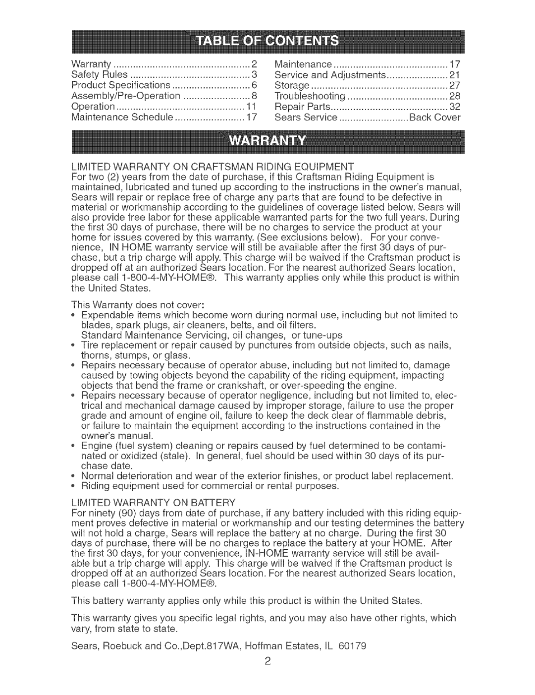 Craftsman 917.273373 owner manual Limitedwarrantyon Craftsmanridingequipment, Limitedwarrantyon Battery 