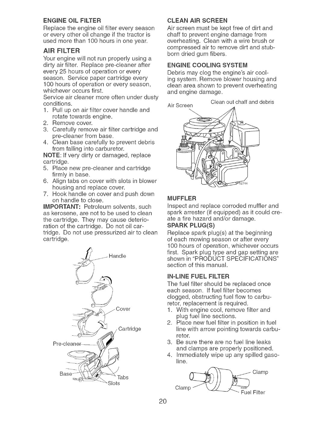 Craftsman 917.273373 owner manual AIR Rlter, Muffler, Spark Plugs 