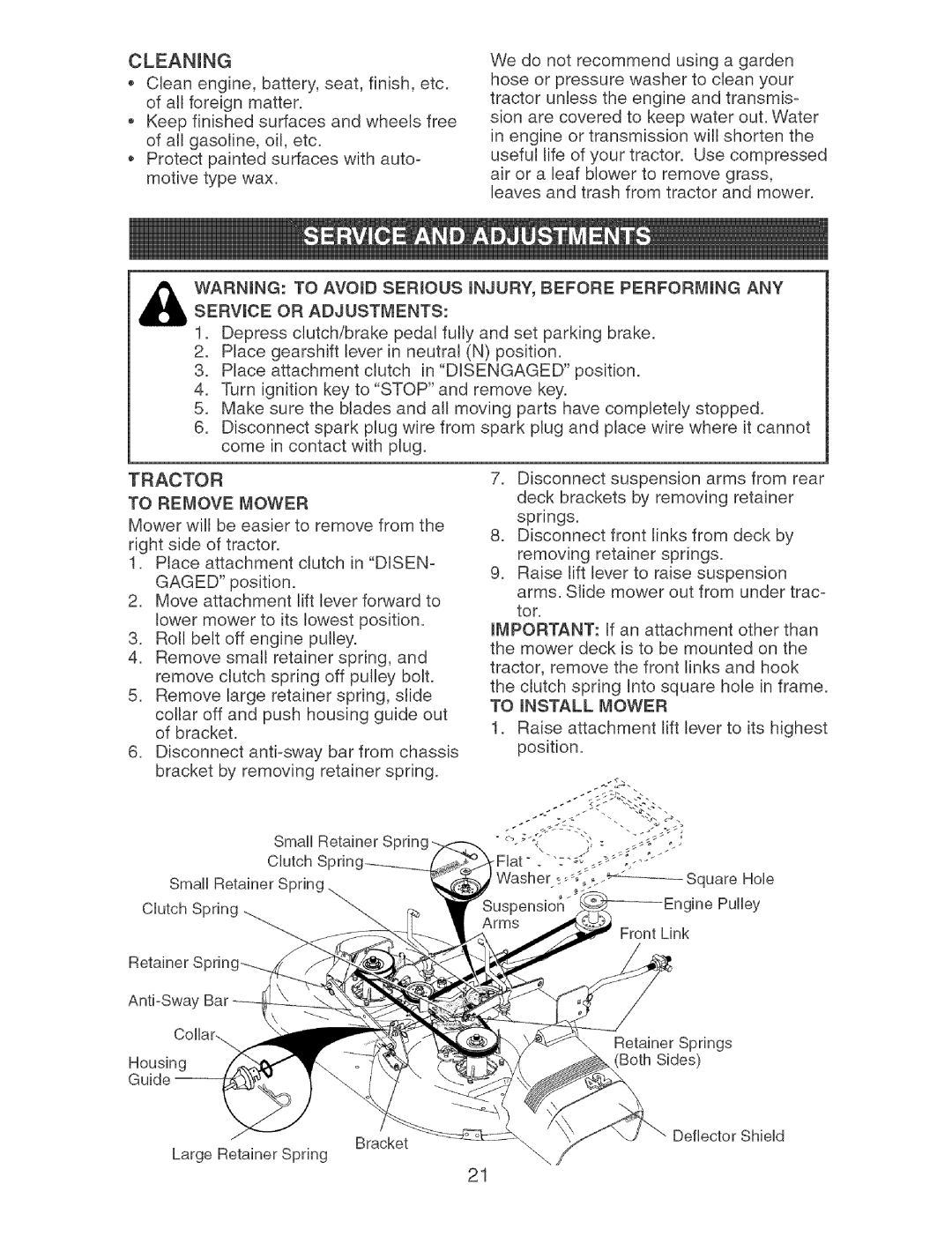 Craftsman 917.273373 owner manual Tractor To Remove Mower 