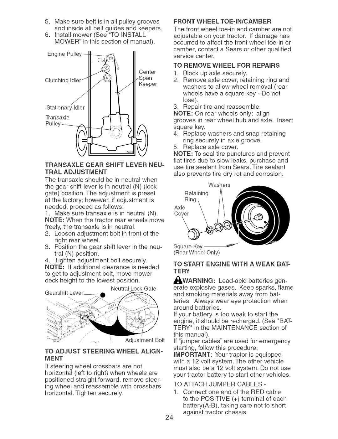 Craftsman 917.273373 owner manual Tral Adjustment, Iient, Front Wheel TOE4N/CAMBER, Tery, To Attach Jumper Cables 