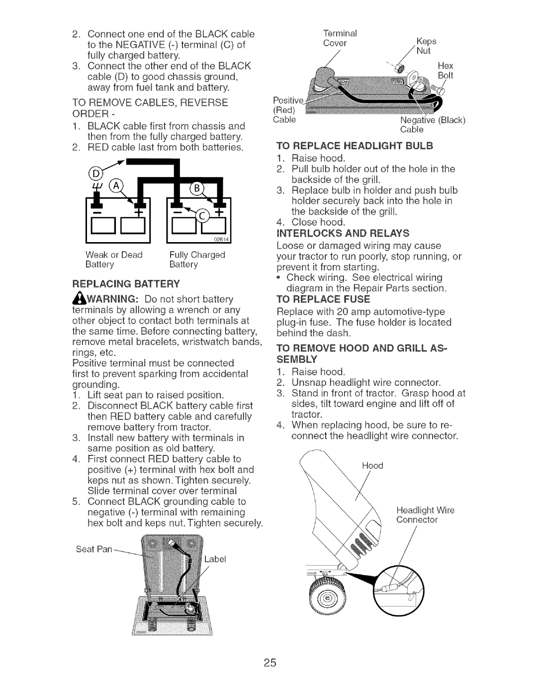 Craftsman 917.273373 owner manual To REMOVECABLES,REVERSE Order, To Replace Headught Bulb, To Replace Fuse, Sembly 