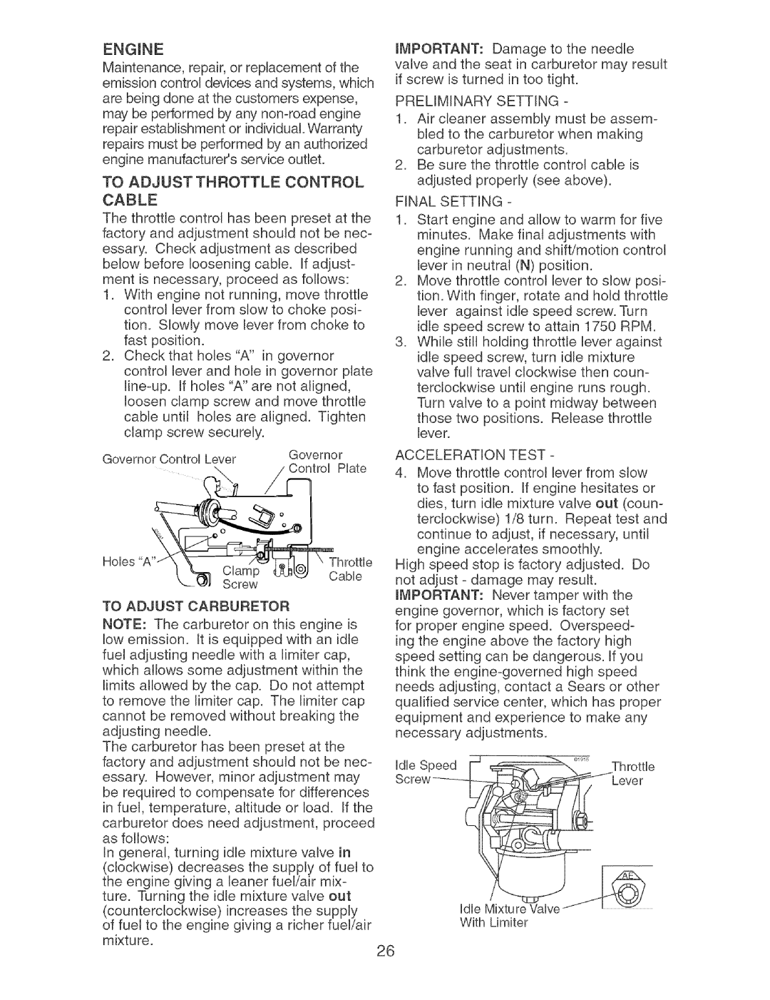 Craftsman 917.273373 owner manual To Adjust Carburetor, Preliminary Setting, Final Setting, Acceleration Test 