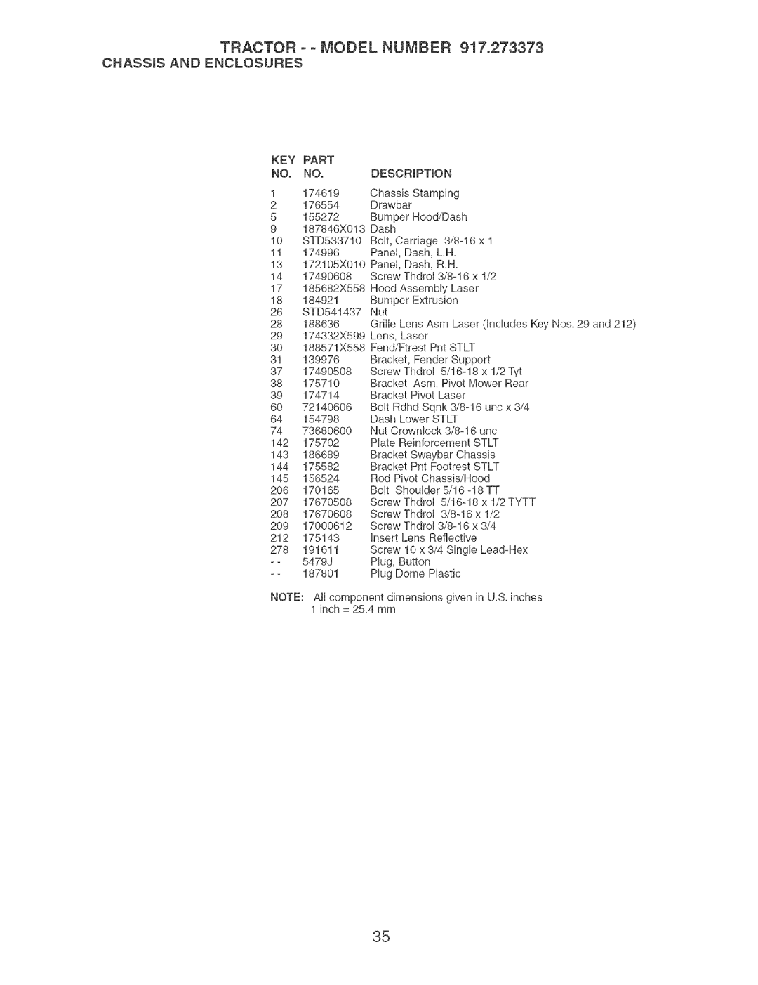 Craftsman owner manual Tractor o Model Number 917.273373 CHASSmSAND Enclosures, KEY Part NO. NO. Description 