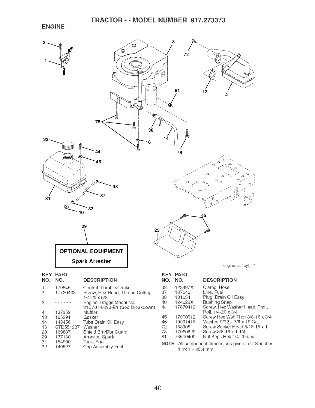 Craftsman 917.273373 owner manual Tractor o o Model Number, Optional, Key 