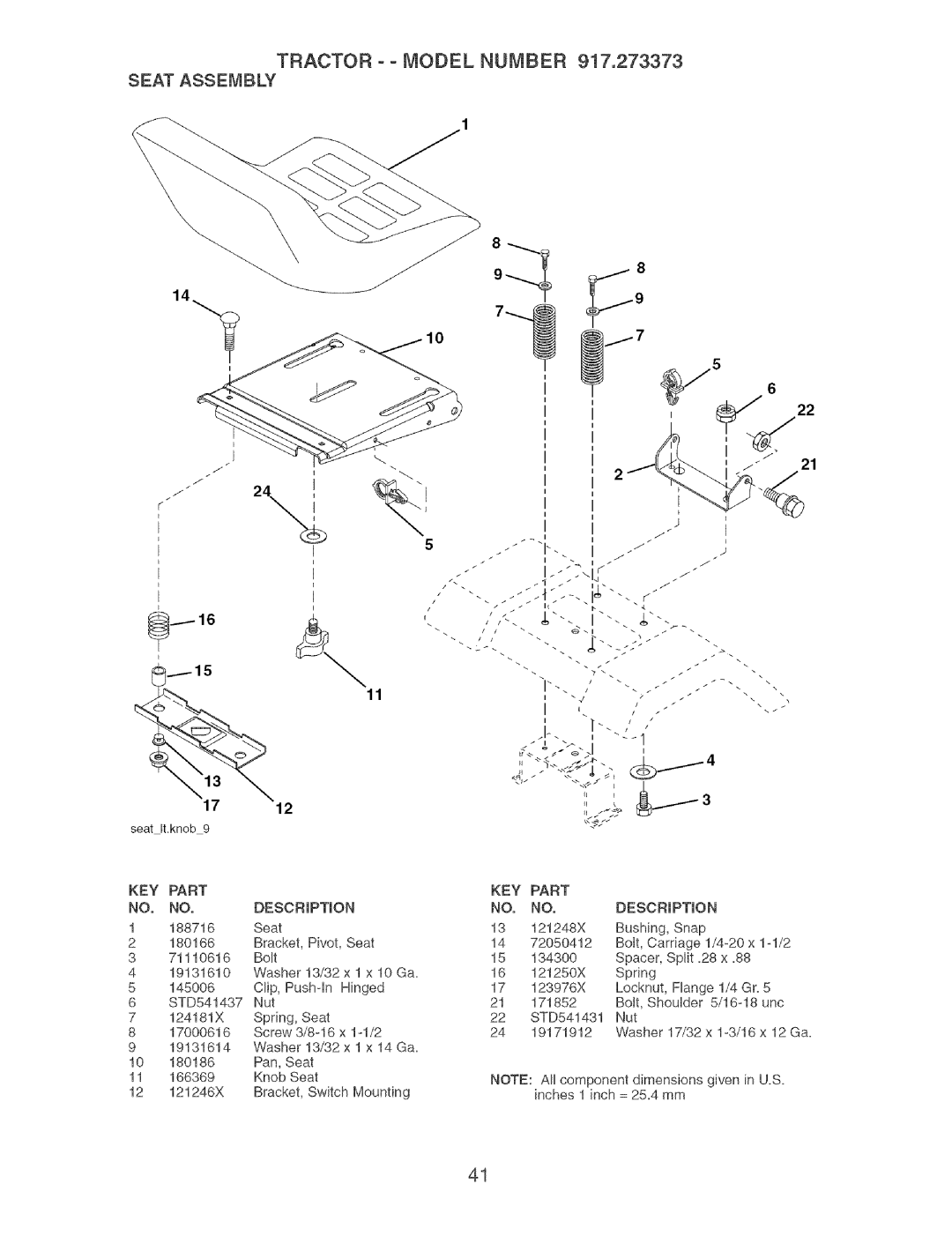 Craftsman 917.273373 owner manual Seat Assembly, KEY Part NO. NO,DESCRIPTION 