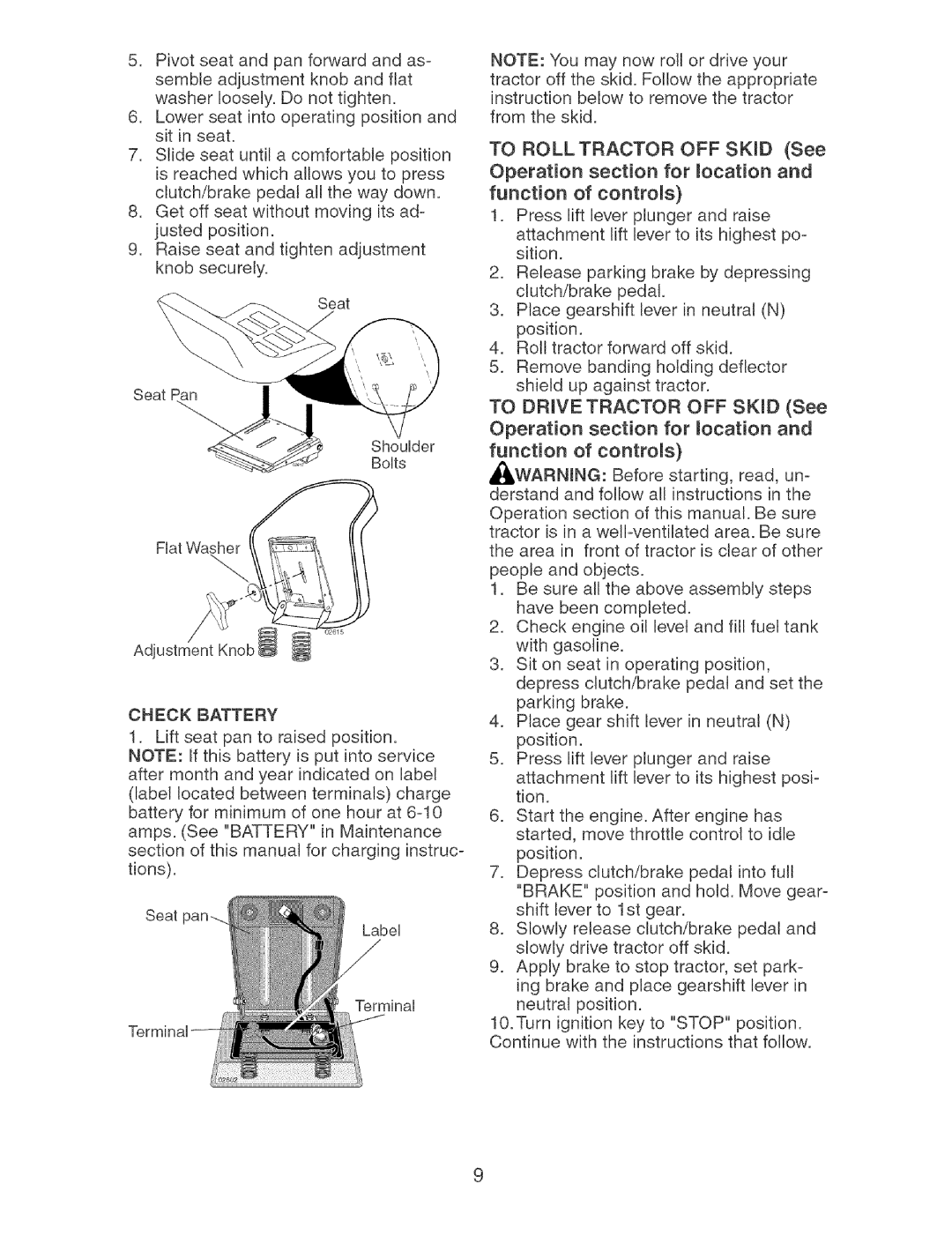 Craftsman 917.273373 owner manual To Roll Tractor OFF SKiD See, Check Battery 