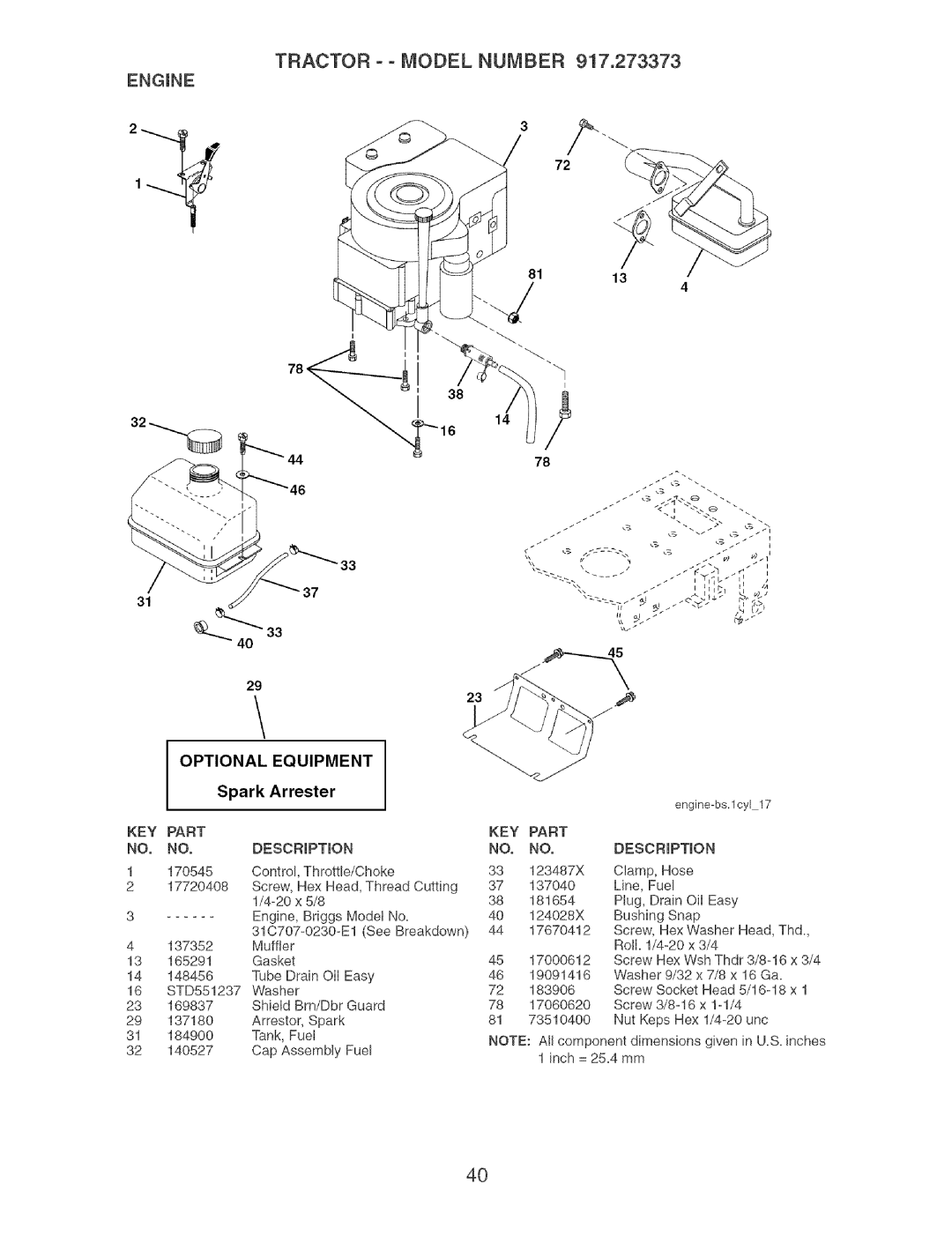 Craftsman 917.273373 owner manual TRACTOR o o MODEL NUMBER, Equipment, Spark Arrester, Part 