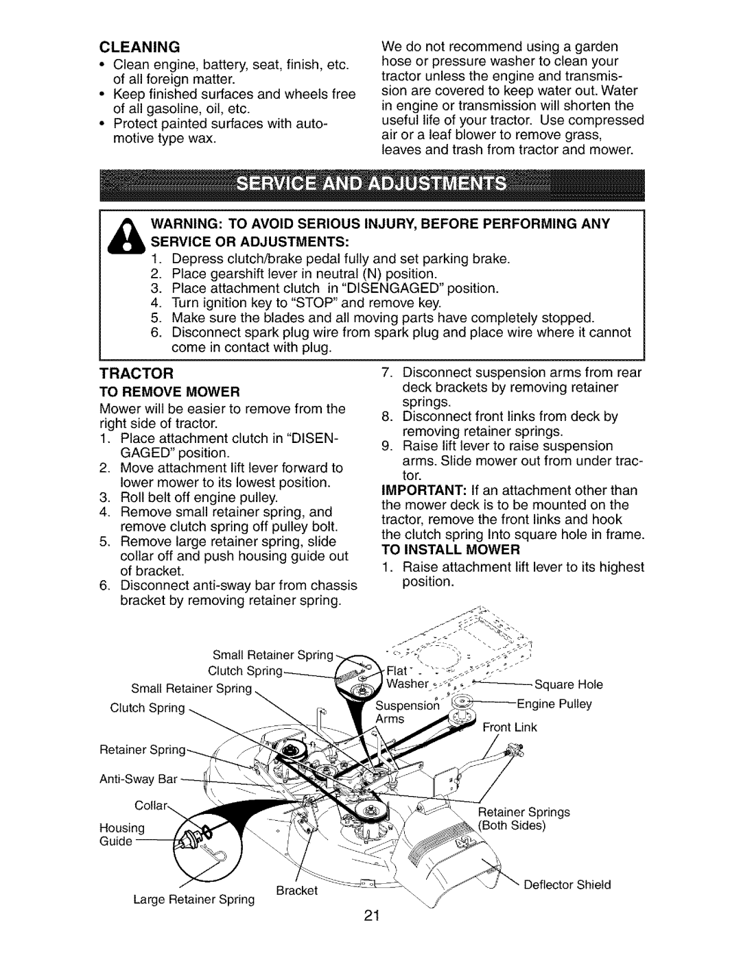 Craftsman 917.27339 owner manual Cleaning, Tractor To Remove Mower, To Install Mower 