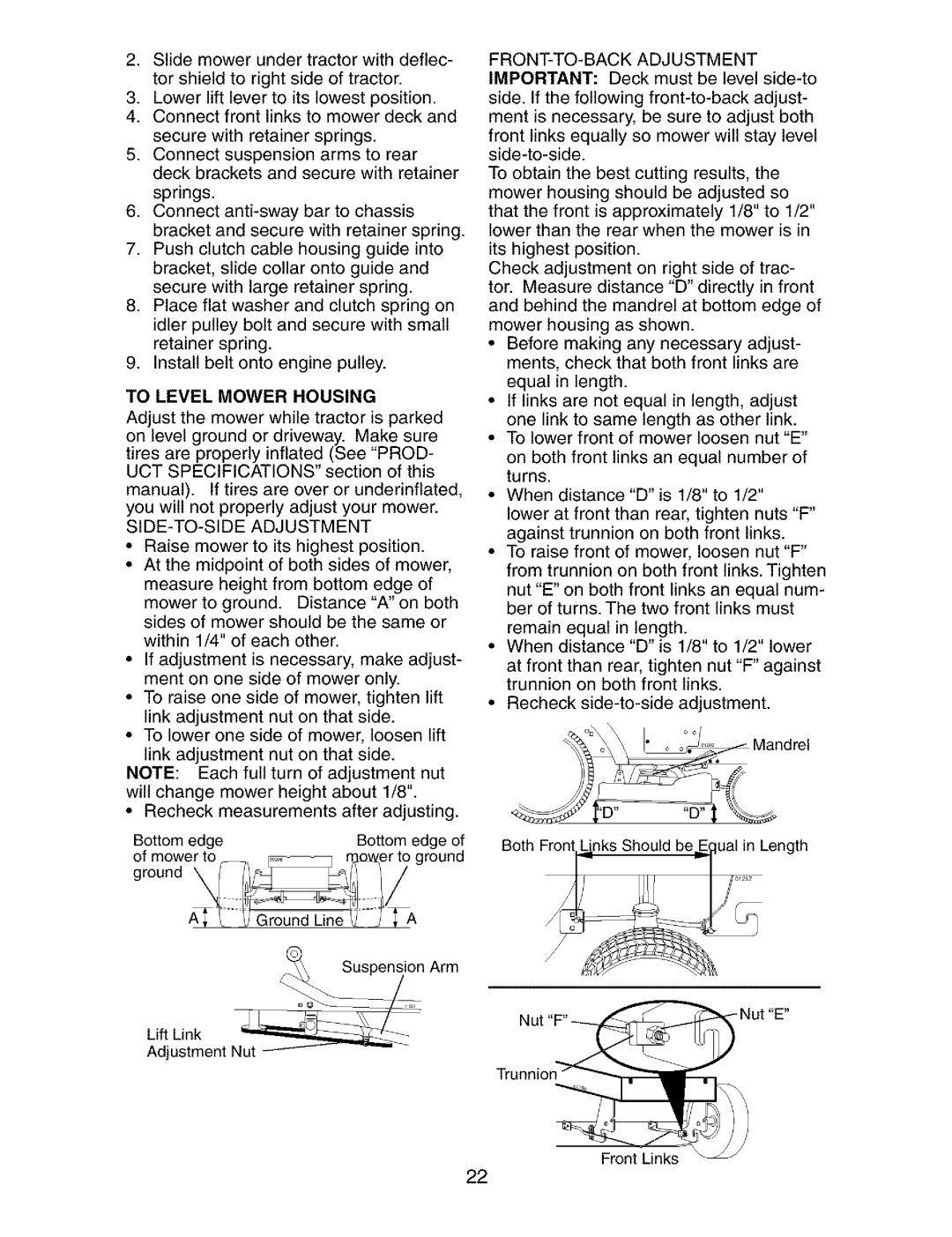 Craftsman 917.27339 owner manual To Level Mower Housing, SIDE-TO-SIDE Adjustment 