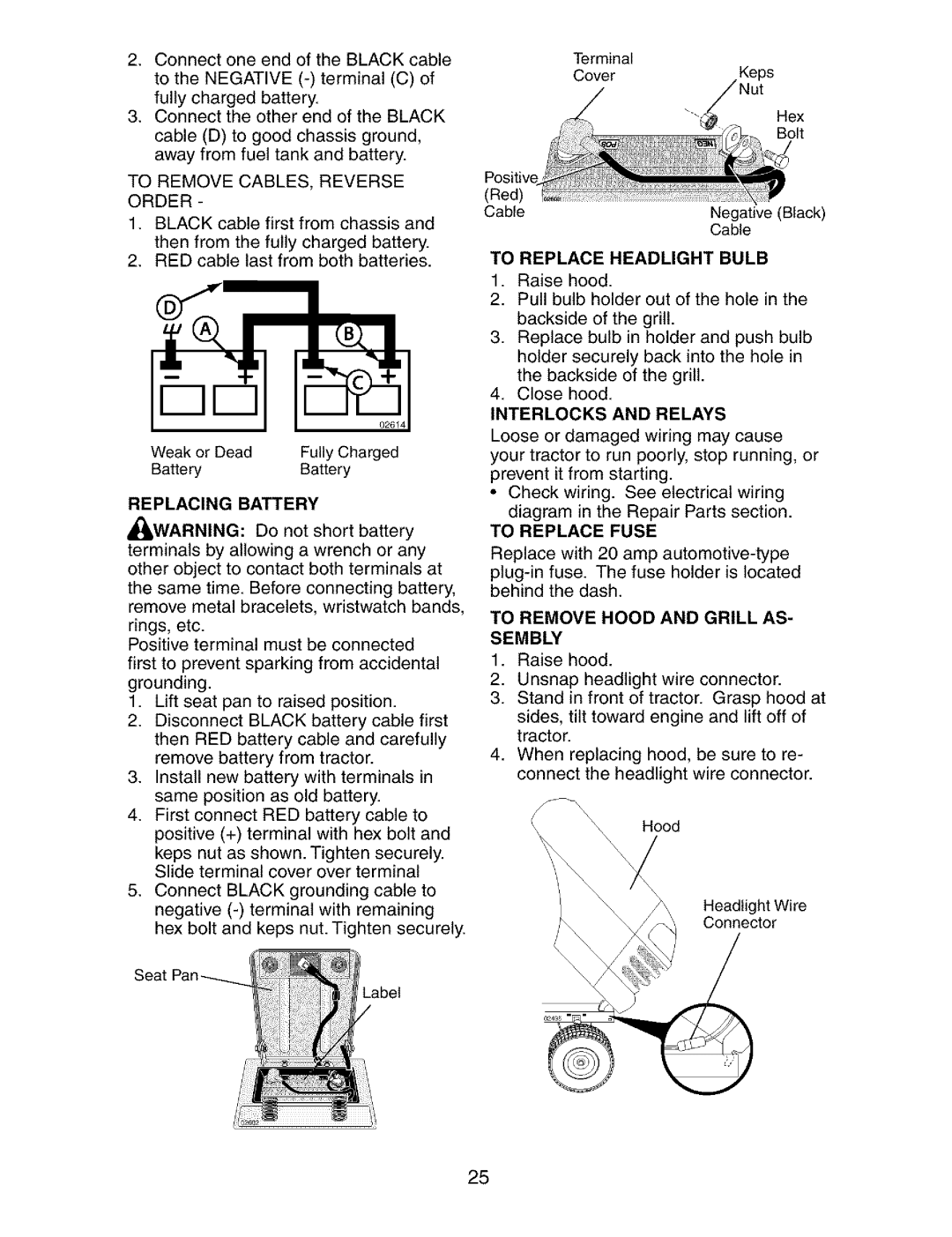 Craftsman 917.27339 Replacing Battery, Interlocks and Relays, To Replace Fuse, To Remove Hood and Grill AS- Sembly 