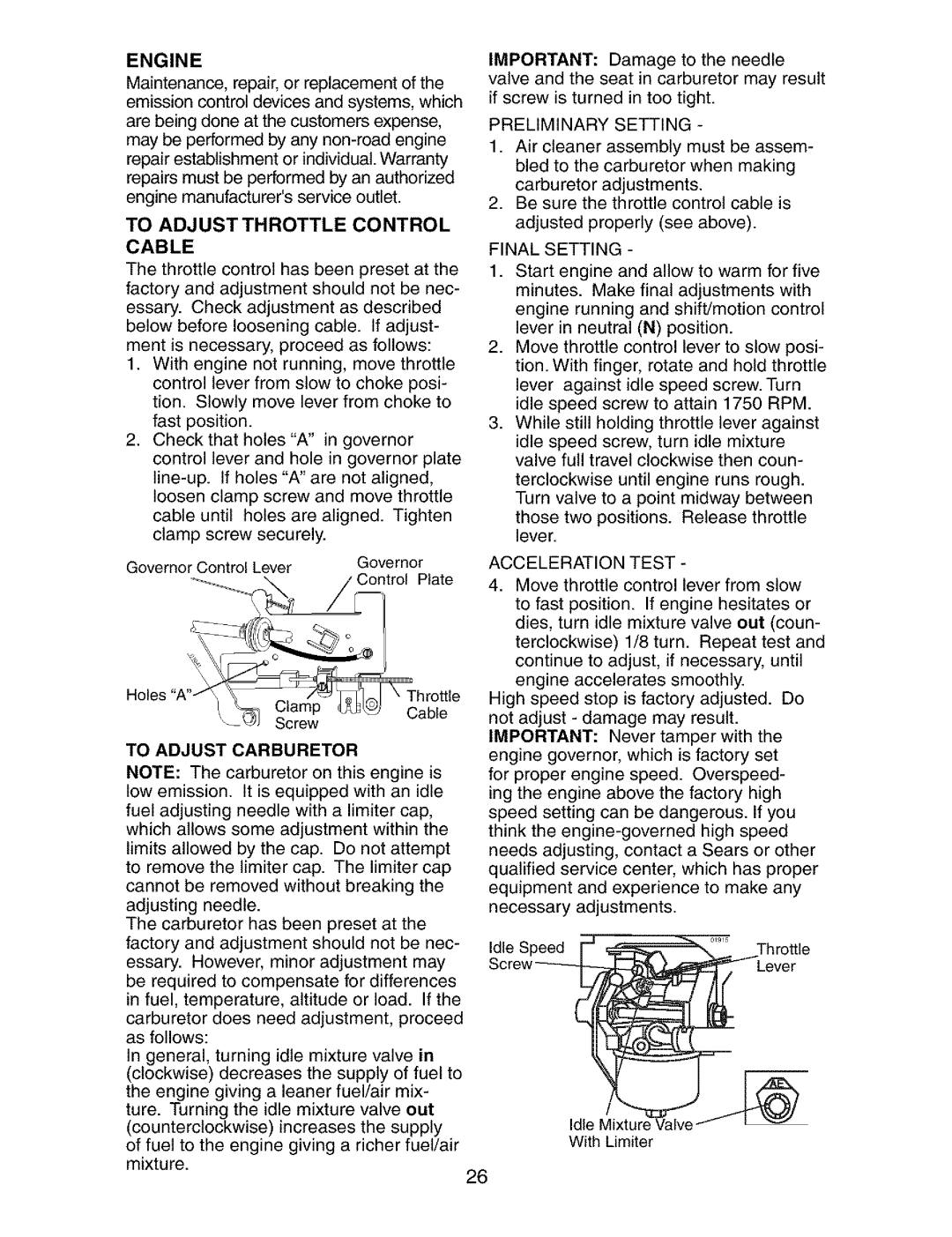 Craftsman 917.27339 Engine, To Adjust Throttle Control Cable, Preliminary Setting, Final Setting, To Adjust Carburetor 