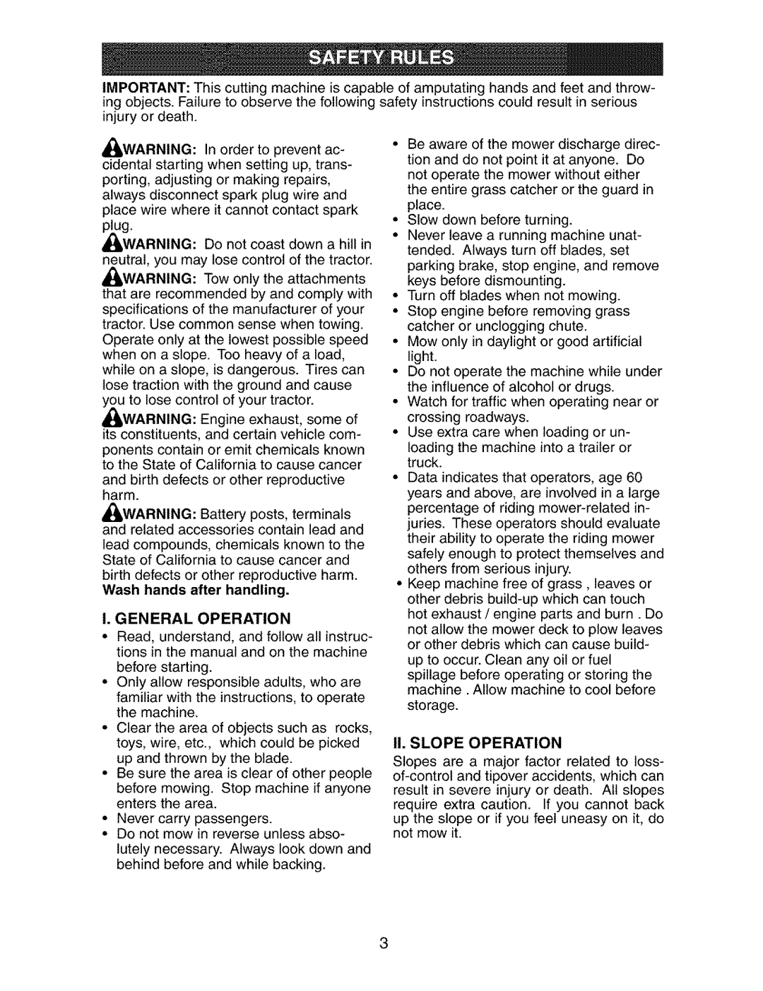 Craftsman 917.27339 owner manual II. Slope Operation, General Operation 