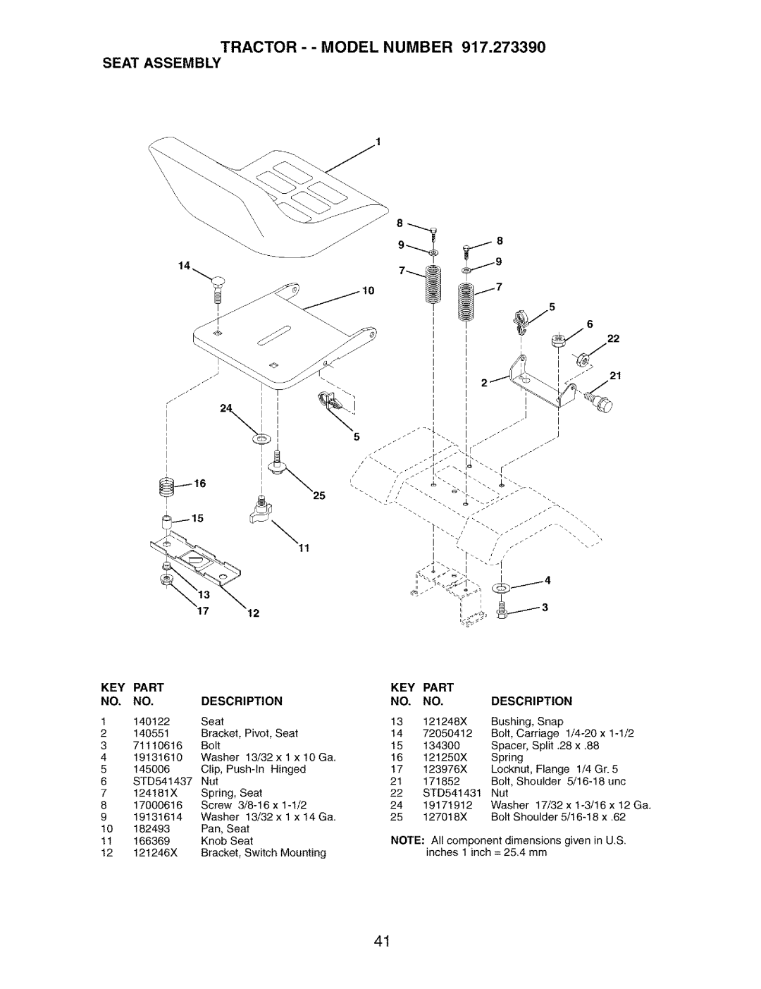 Craftsman 917.27339 owner manual Tractor - Model Number Seat Assembly 