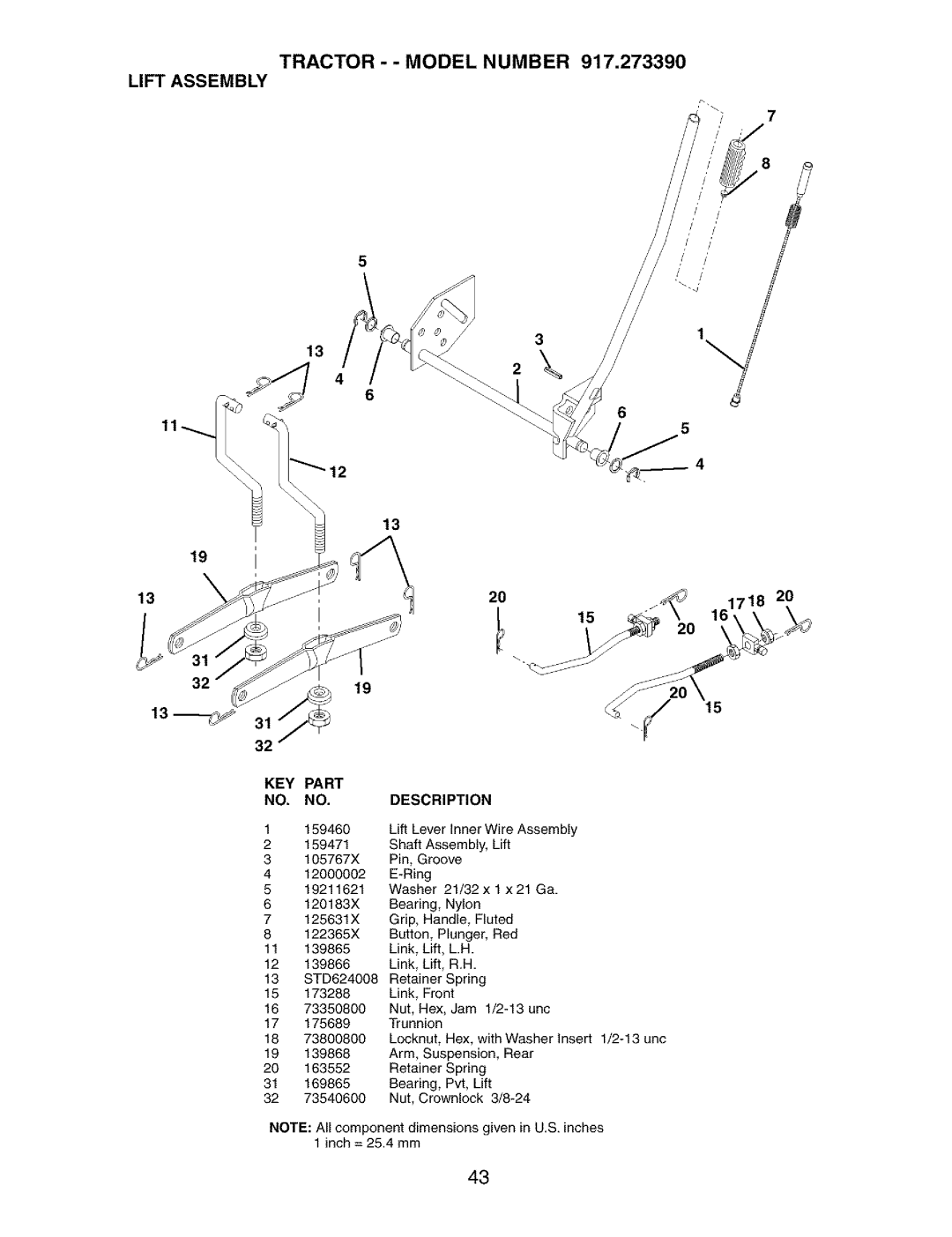 Craftsman 917.27339 owner manual Tractor - Model Number Lift Assembly 