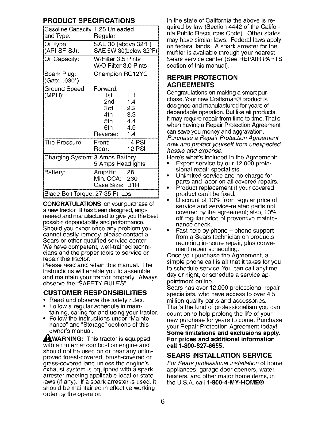 Craftsman 917.27339 owner manual Product Specifications, Repair Protection Agreements 