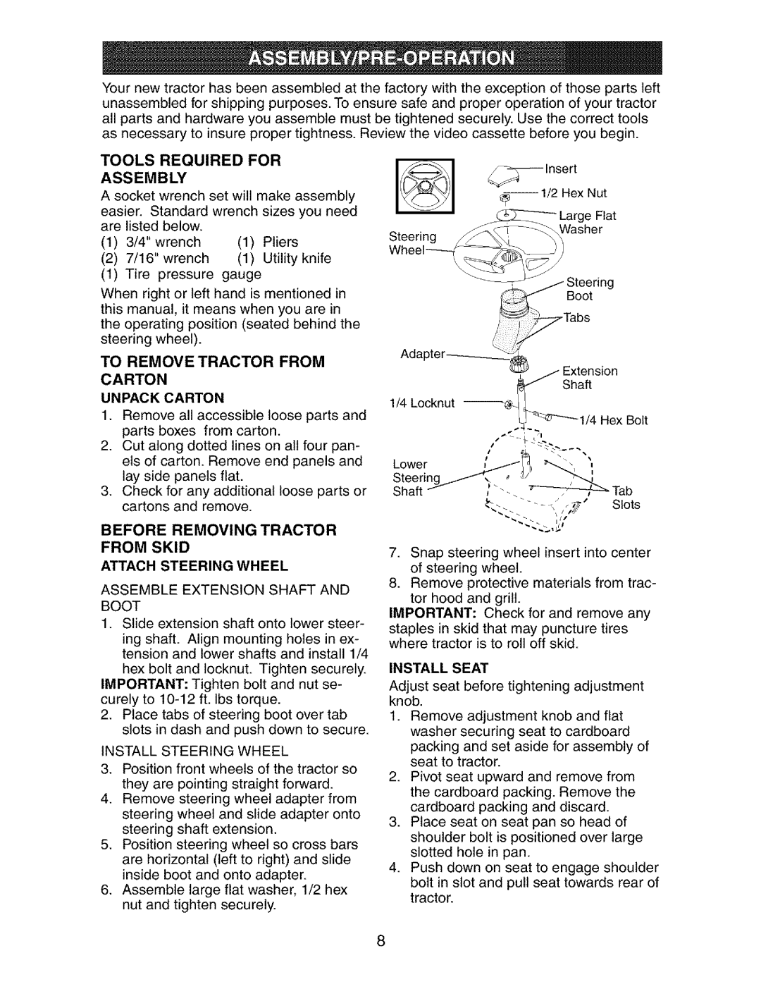 Craftsman 917.27339 To Remove Tractor from, Tools Required for Assembly, Unpack Carton, Assemble Extension Shaft and Boot 