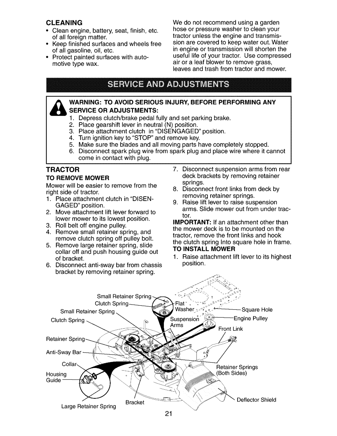 Craftsman 917.273392 manual Tractor, Cleaning, To Remove Mower, To Install Mower 