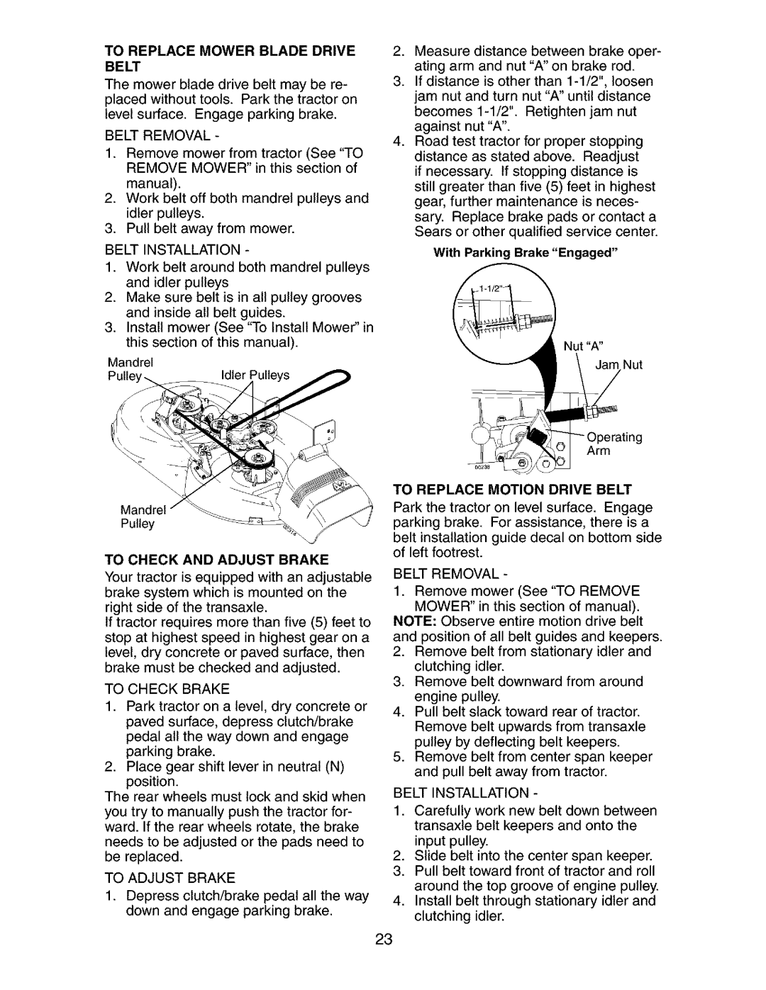 Craftsman 917.273392 manual Belt Removal, Belt Installation, To Check and Adjust Brake, To Check Brake 