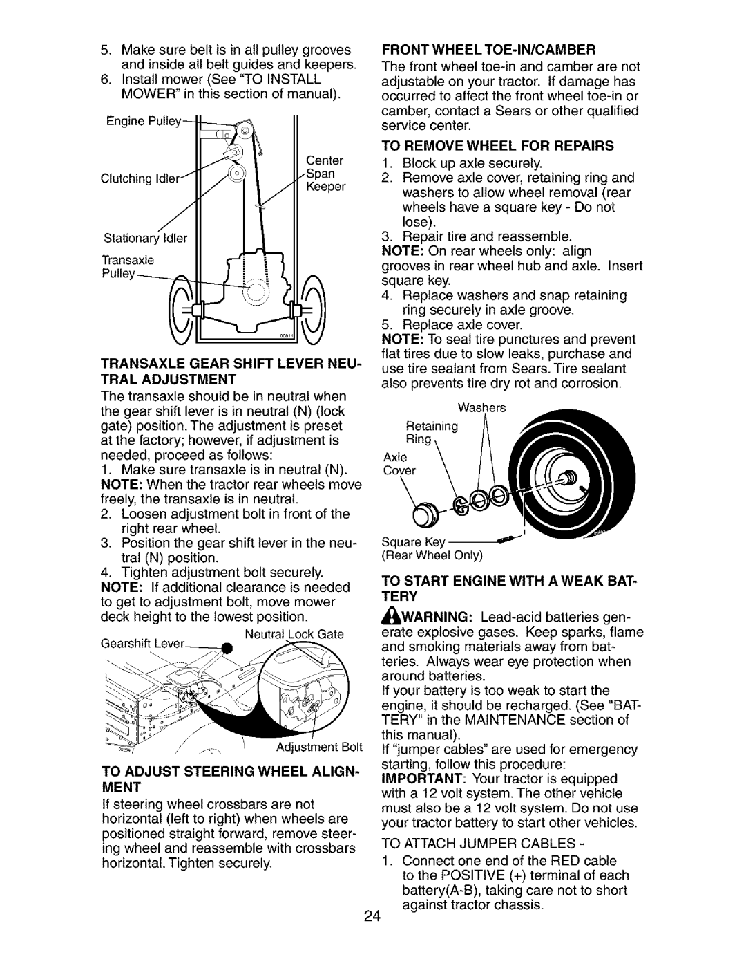 Craftsman 917.273392 Transaxle Gear Shift Lever NEU- Tral Adjustment, Front Wheel TOE-IN/CAMBER, To Attach Jumper Cables 